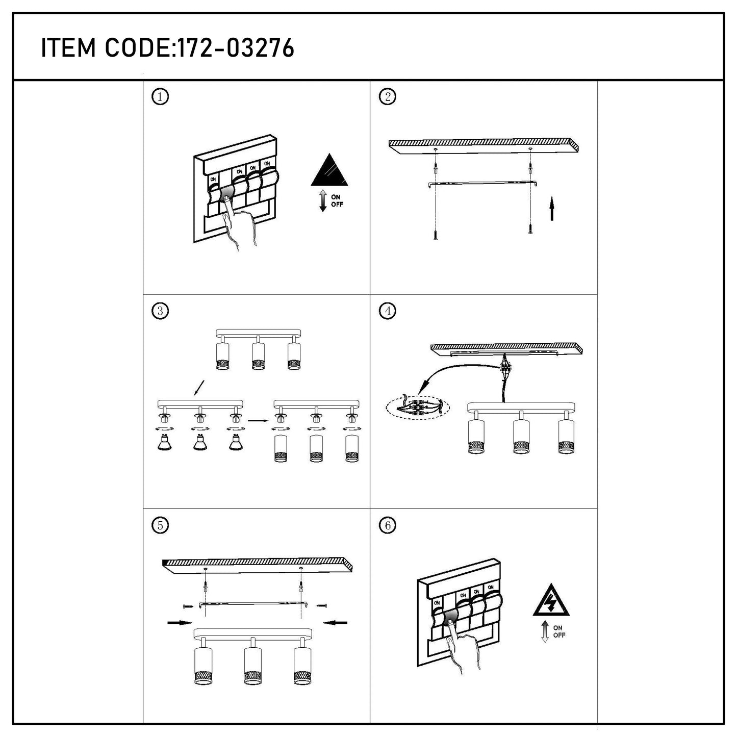Instructions for installing a ceiling light fitting. Includes wiring, fitting and safety warnings.