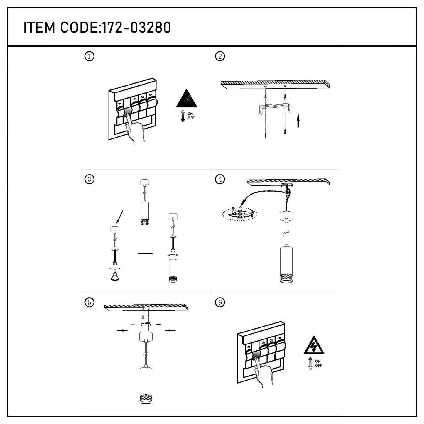 Assembly instructions for a pendant light fixture. Includes diagrams for wiring and mounting the fixture to the ceiling.