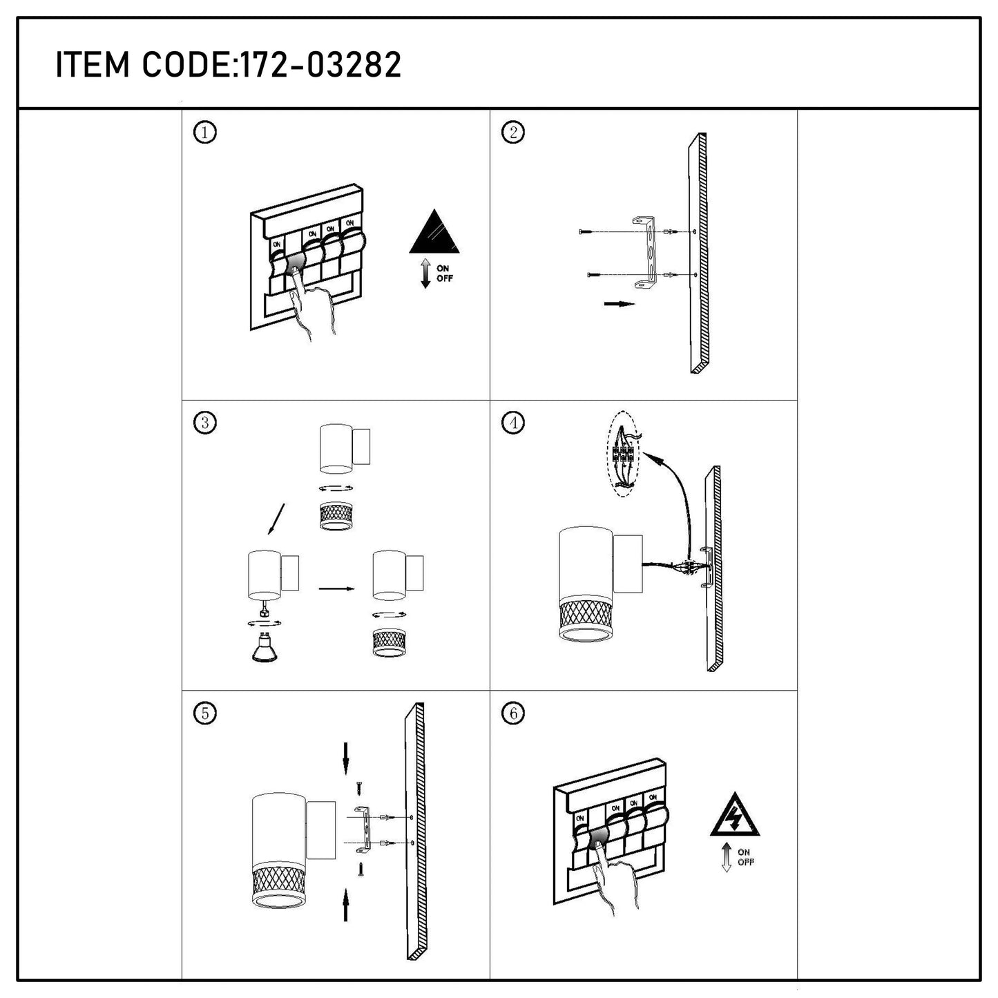 A diagram showing how to safely install and assemble a wall light, including the use of appropriate safety equipment.