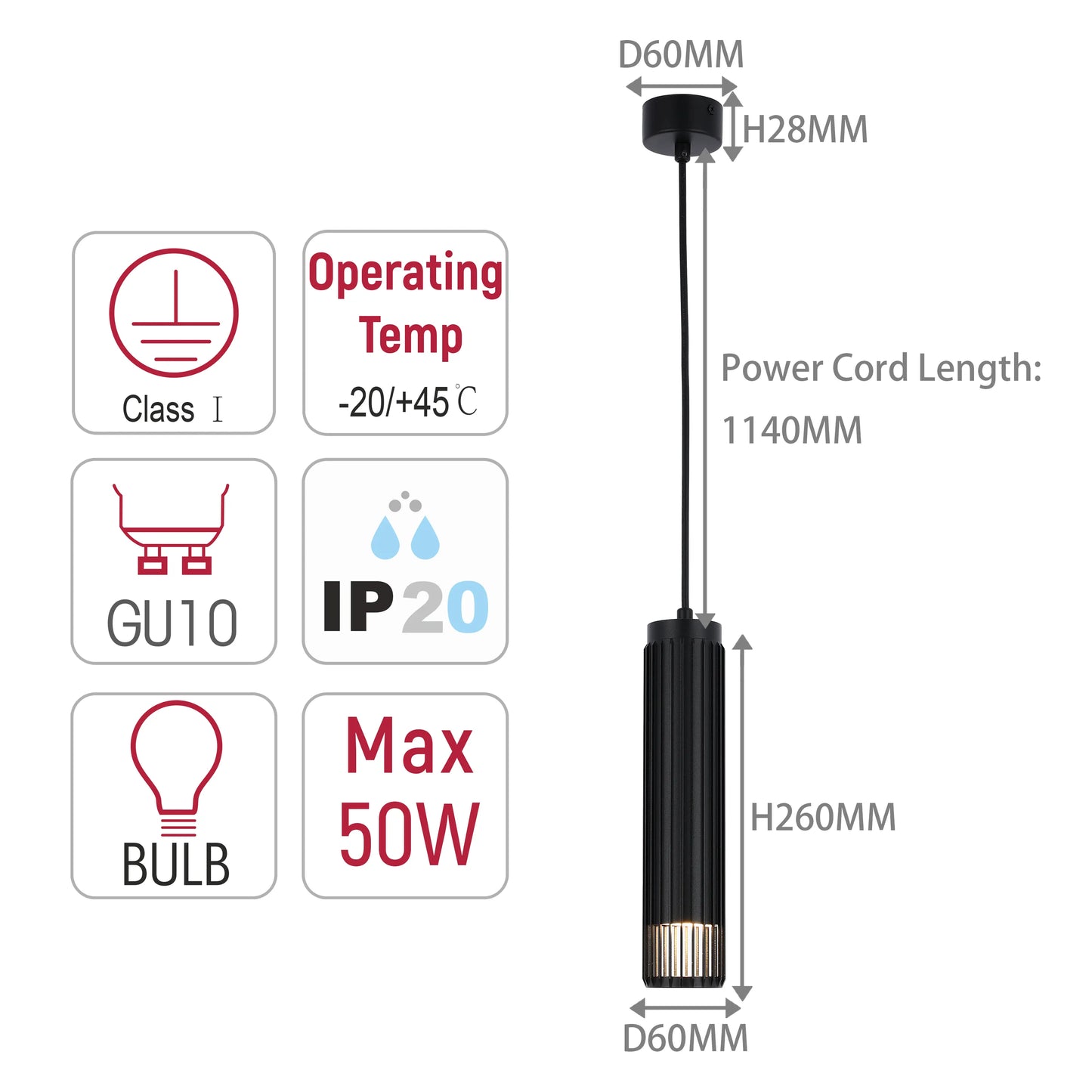 Diagram showing the dimensions and features of a pendant light, including bulb type, temperature range and power cord length.