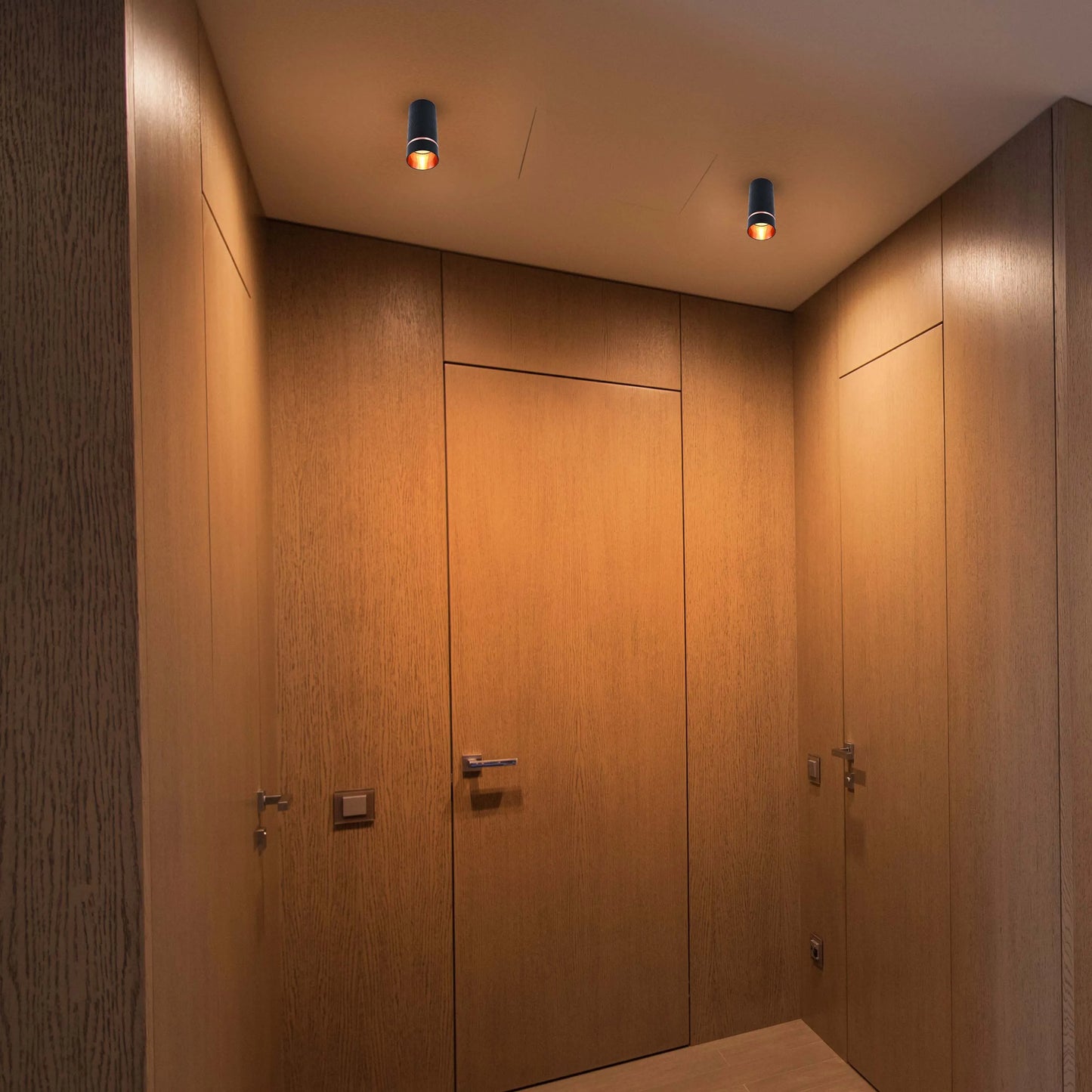 A pair of black cylinder downlights provide general illumination in this hallway. They feature warm-toned light and subtle detailing.