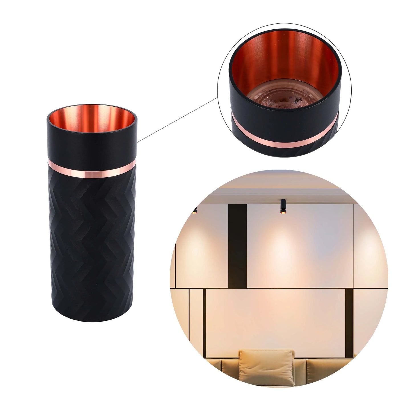 Stylish black and copper cylinder lights. Includes a close-up of the inner copper shade and a display in a modern living room.