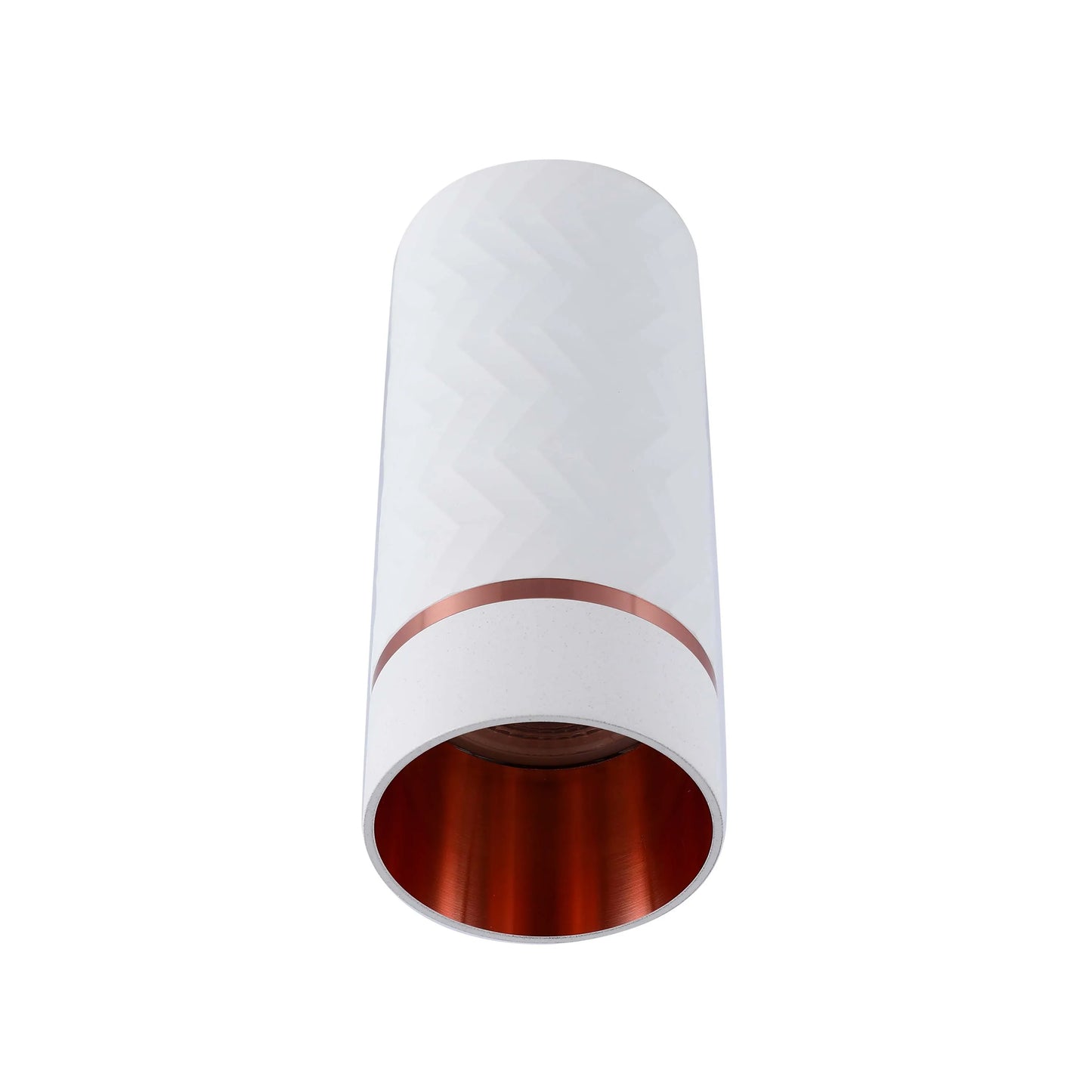 A modern, cylindrical downlight with white patterned exterior and a warm, copper-toned interior. Contemporary and stylish lighting.