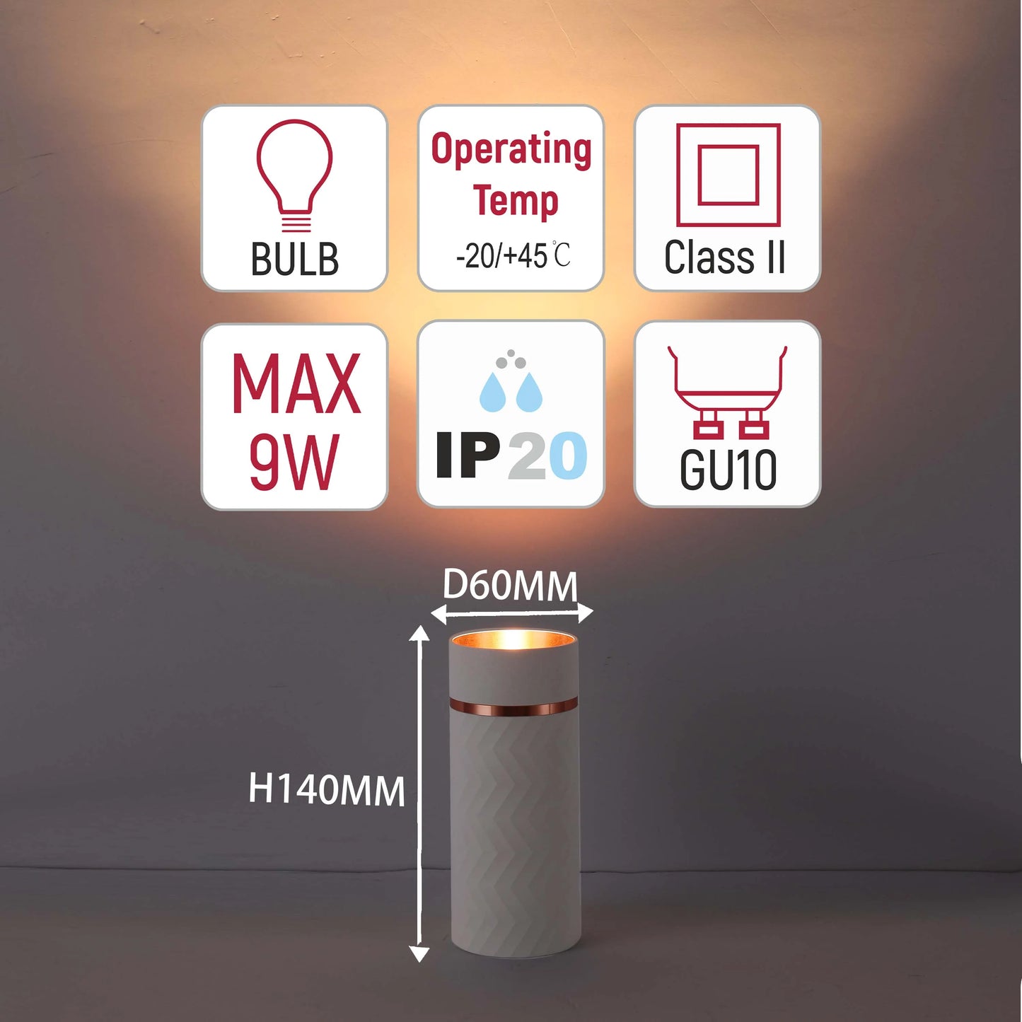 A modern desk lamp on display showcasing its technical specifications like bulb type, dimensions, power and operating temperature.