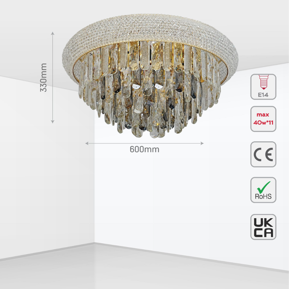Size and tech specs of Diyas Alexandra Flush Crystal Chandelier Ceiling Light | TEKLED 159-18023