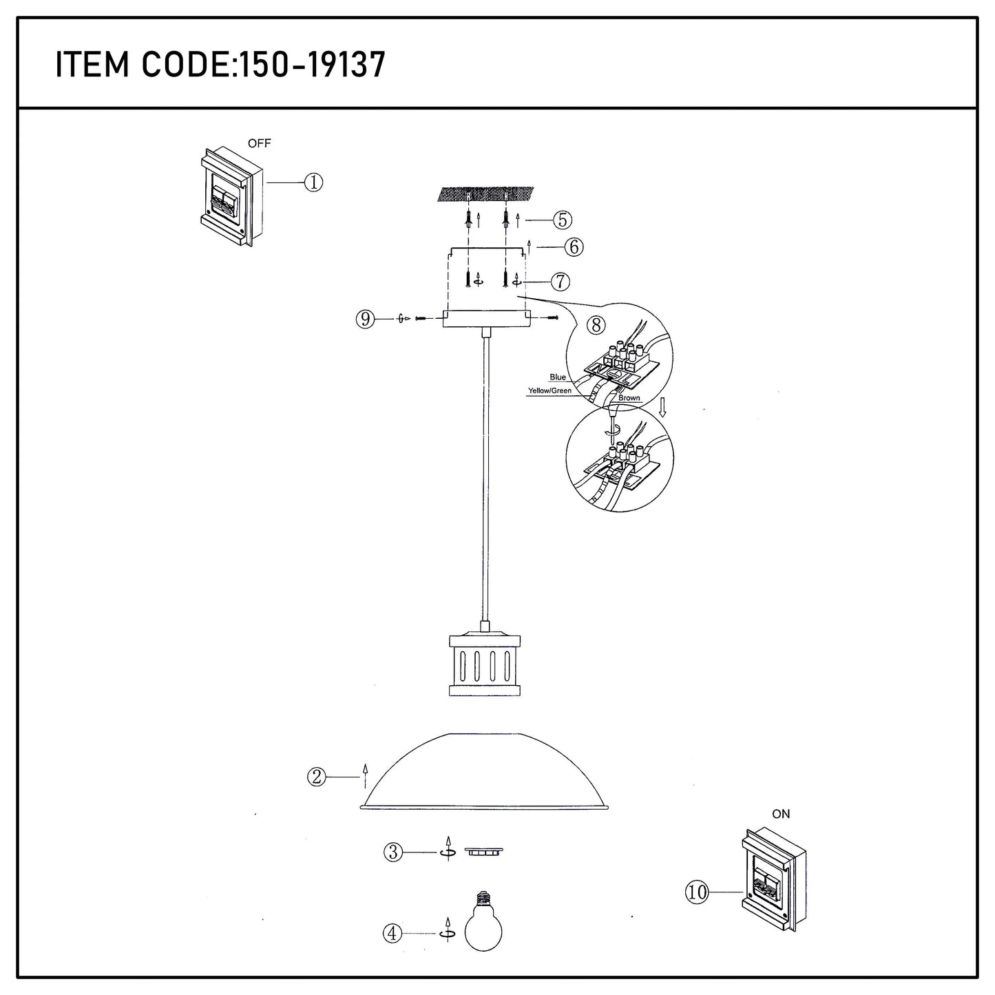 Technical diagram of a pendant light, featuring various components. Includes wiring, screws, and lightbulb.