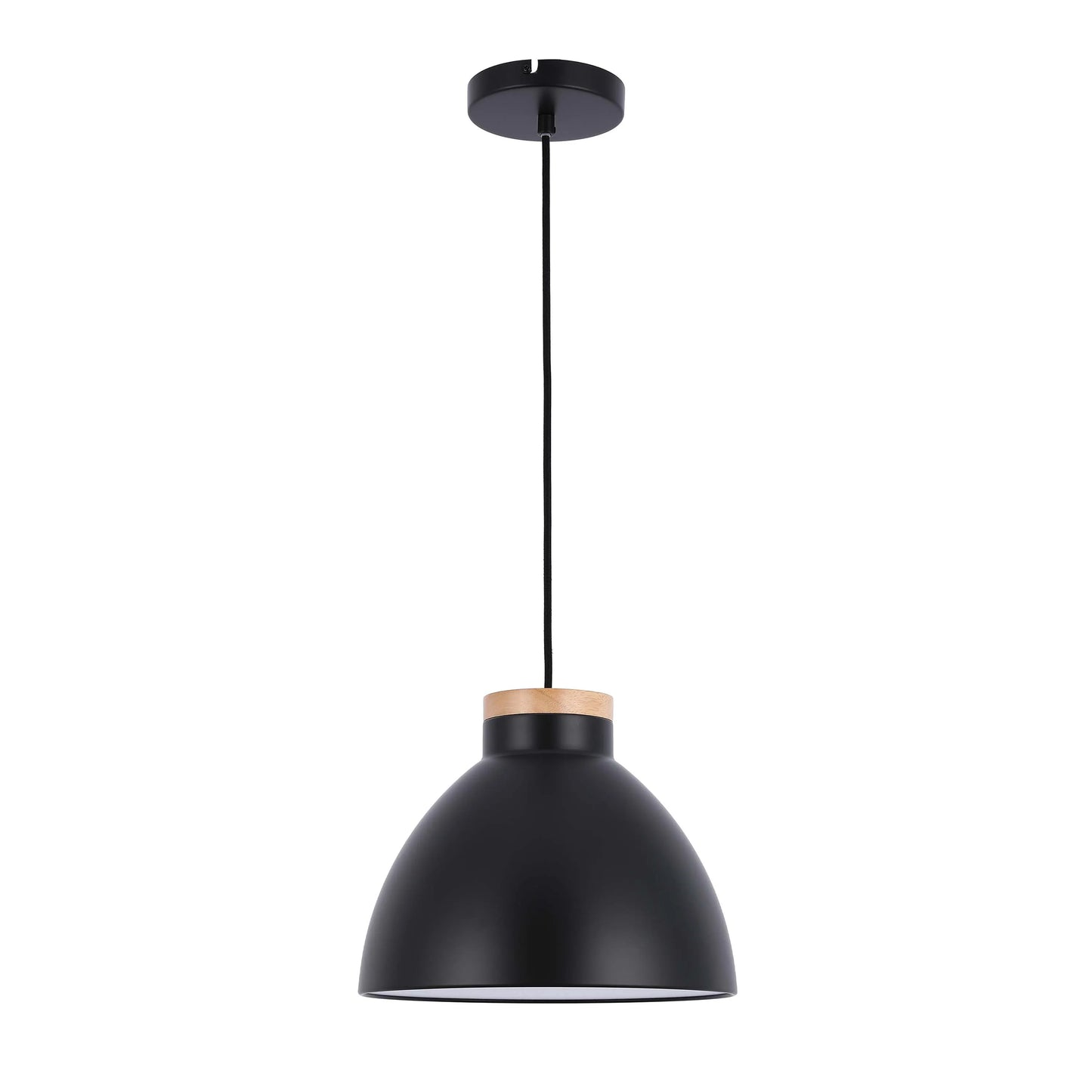 A stylish black pendant light with a wooden accent, suspended from a black cable and ceiling rose.