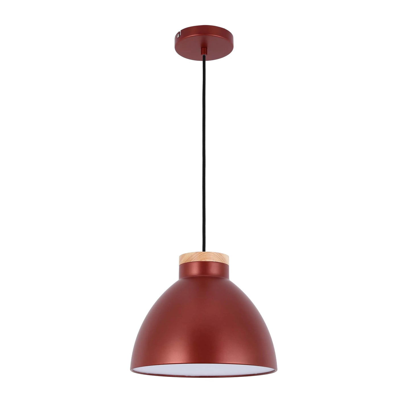 A single copper coloured pendant light with a wooden attachment and a black cable, isolated on a white backdrop.