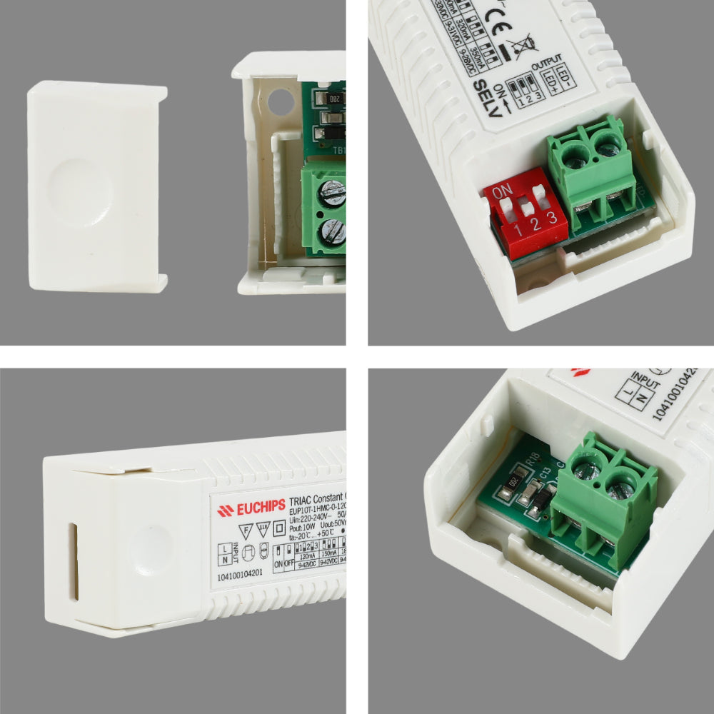Details of euchips 14w constant current triac dimmable driver, show dipswitches and input and output terminals of driver