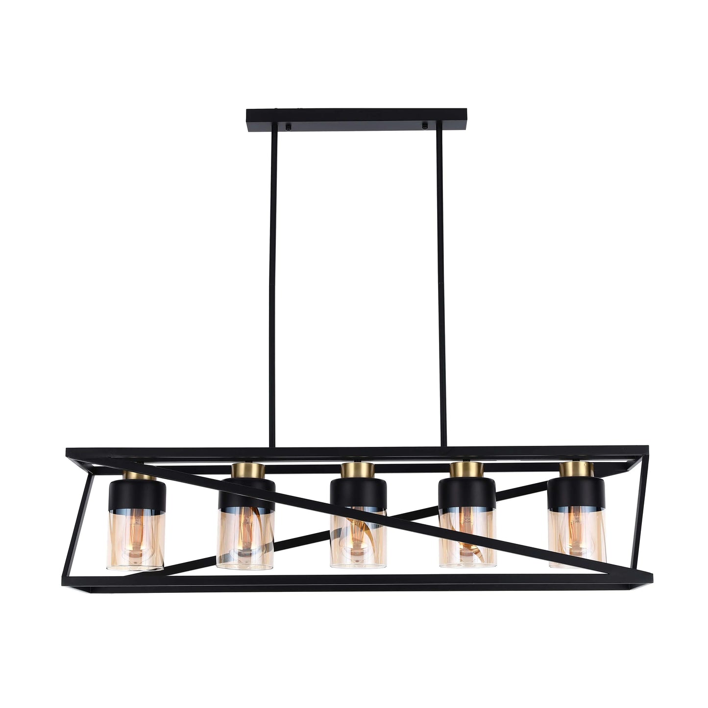 A stylish, black five-light pendant with glass shades, perfect for a modern dining room or kitchen island.