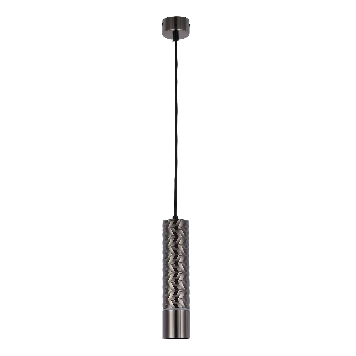 A modern, cylindrical pendant light in a dark metal finish, featuring a patterned centre section. Hung from a single black cable.