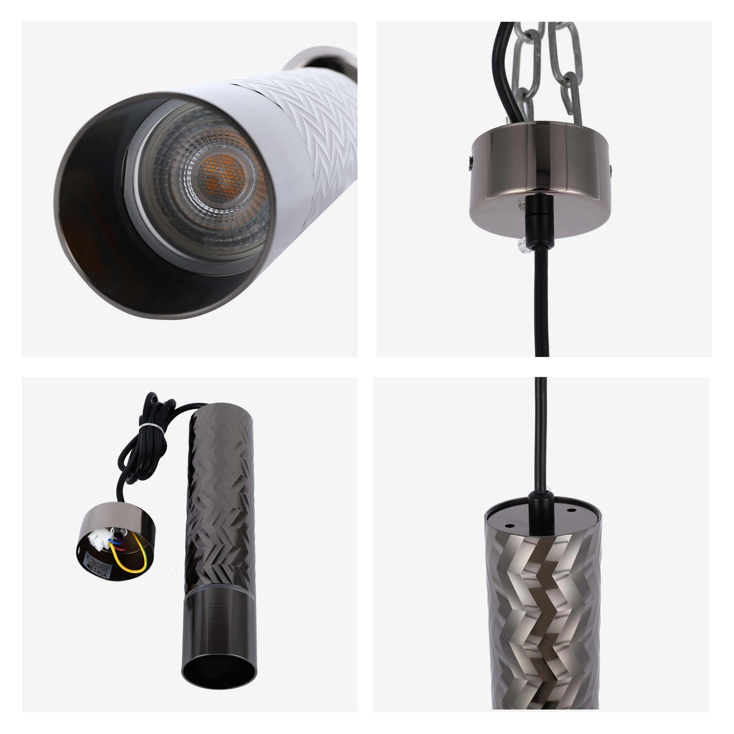 Modern cylinder pendant lighting with geometric design and various hanging styles on display.