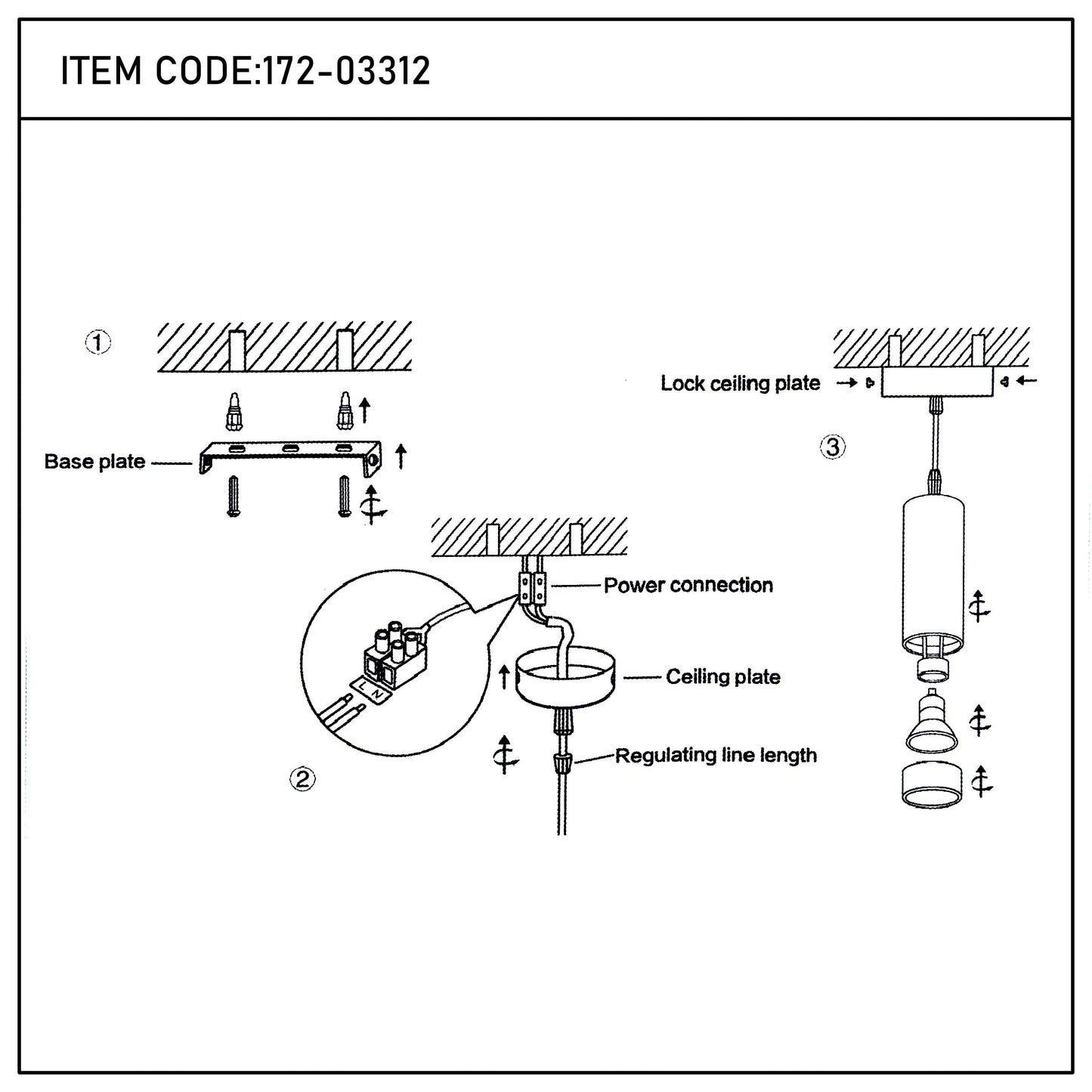 Diagram showing a ceiling light fitting and how it's attached to the ceiling. Item code: 172-03312.