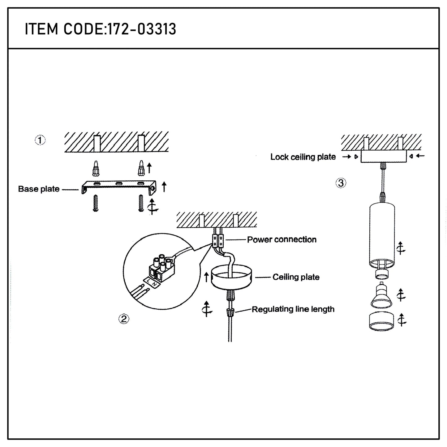 A pendant light fitting diagram shows the components and assembly of this ceiling light, item code 172-03313.