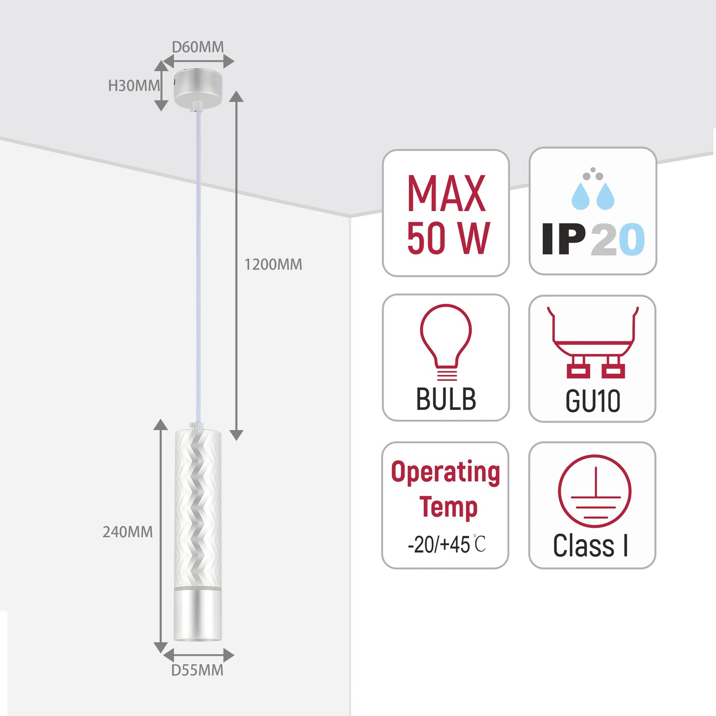 Pendant light technical drawing with dimensions and IP20, GU10 bulb, and Class I ratings.
