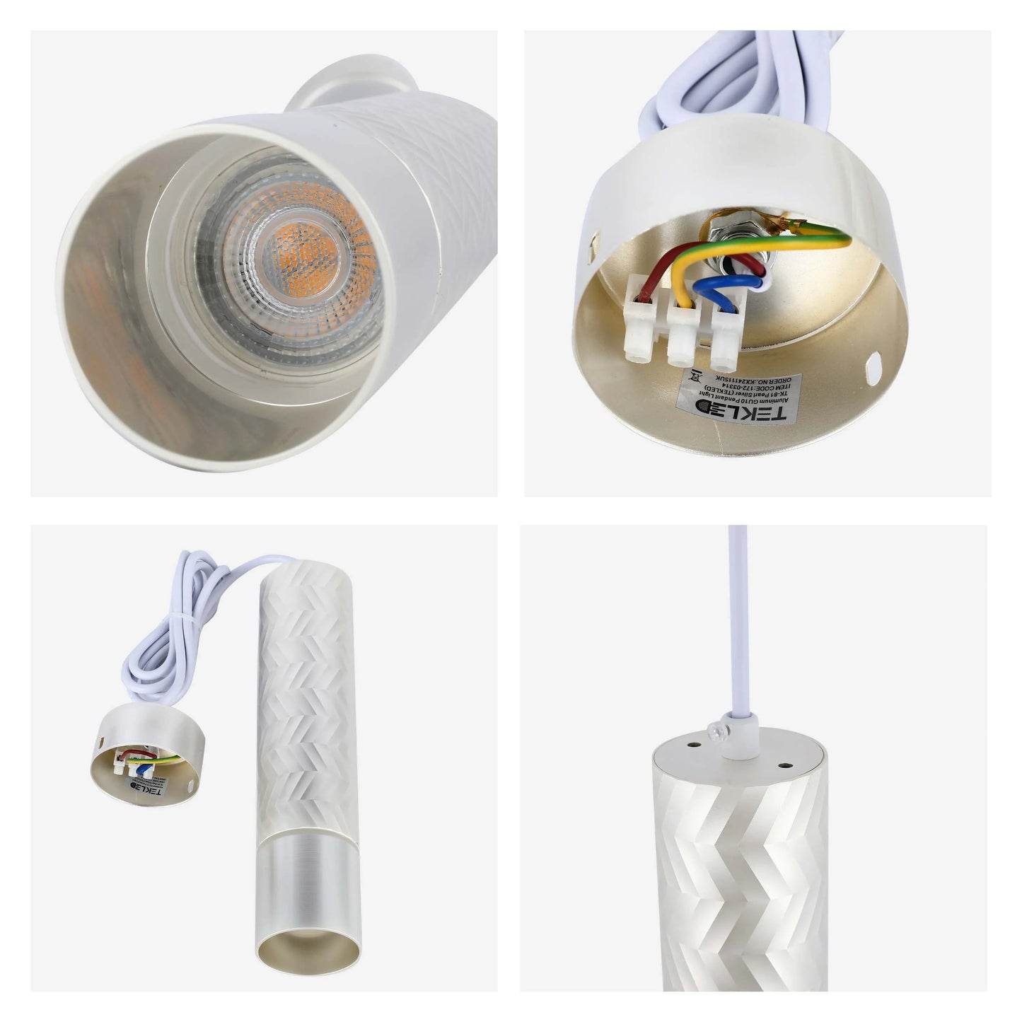 A modern, textured, pearl silver GU10 pendant light with a white cable and internal wiring visible in some shots.