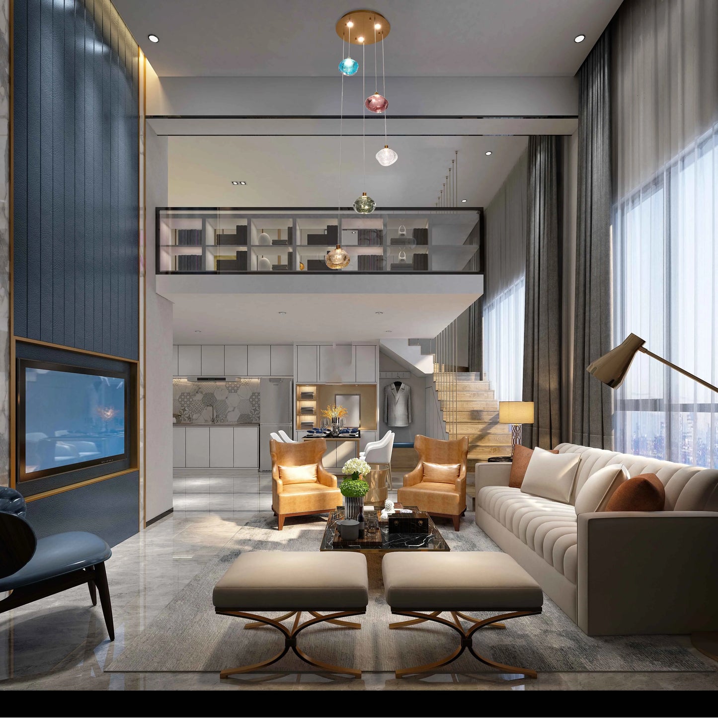 Modern interior with feature lighting. Includes multi-coloured, hanging glass orbs, lamps, and recessed lighting for a sleek, contemporary look.