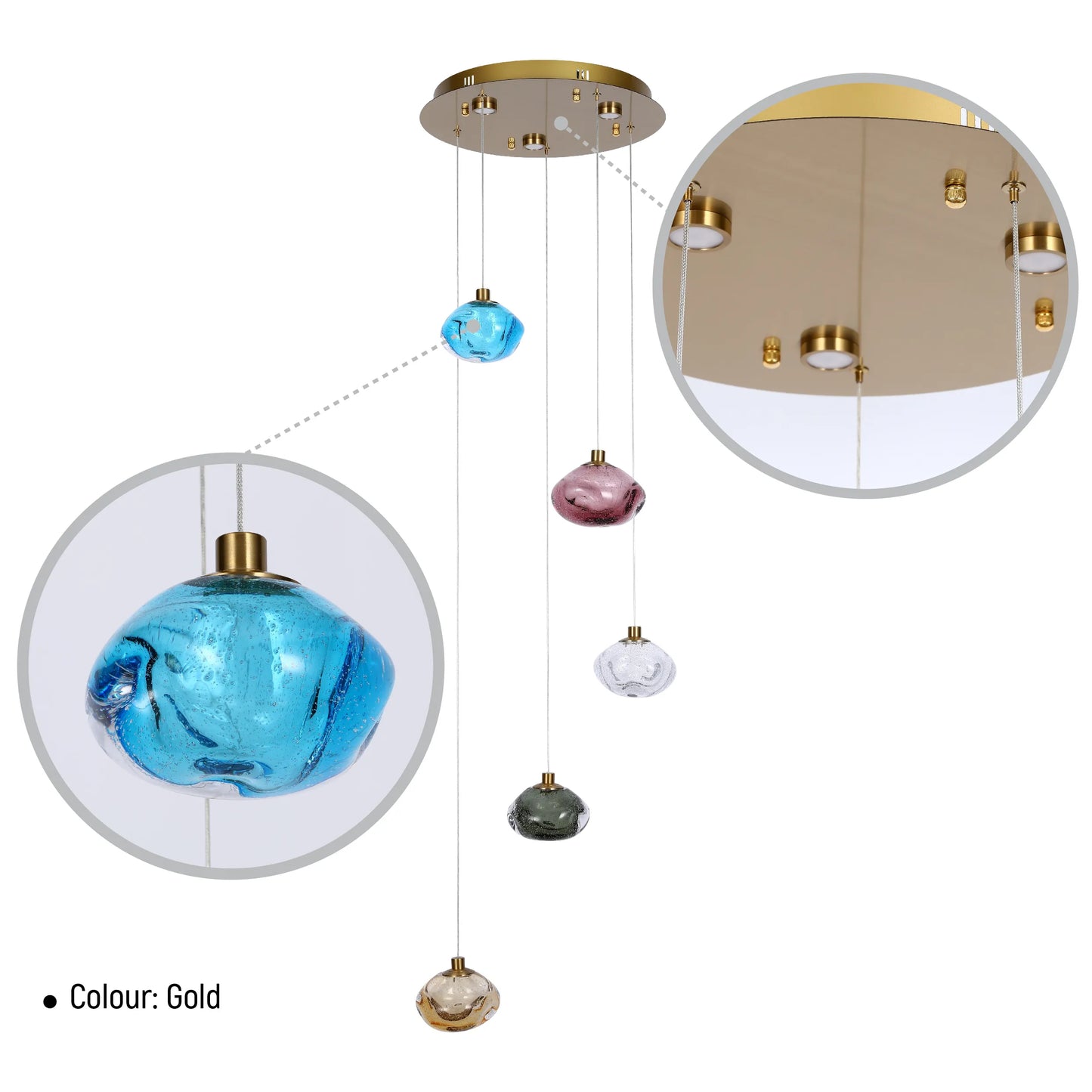 A multi-coloured glass pendant light fixture with a gold ceiling rose, featuring hand-blown, artisanal glass shades.