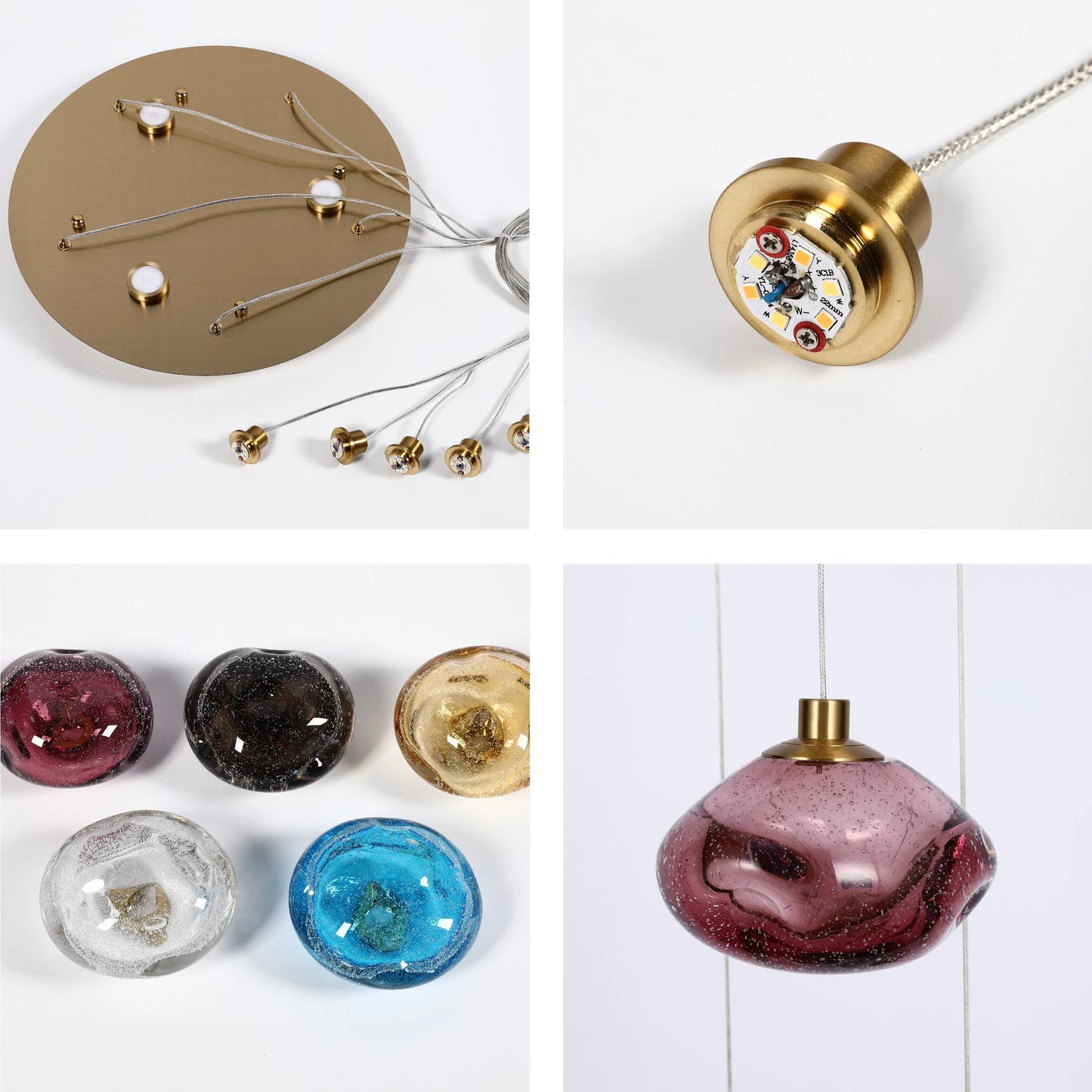 Contemporary lighting display: multi-pendant light fixture with gold accents and coloured glass globe shades.