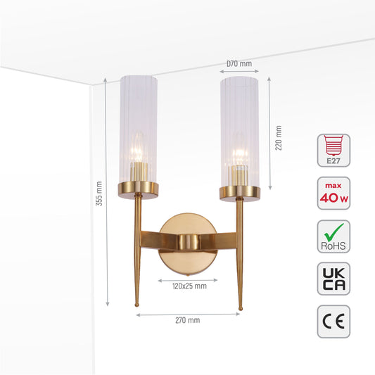 A stylish two-bulb wall light with fluted glass shades and a sleek gold finish. Ideal for adding a touch of elegance.