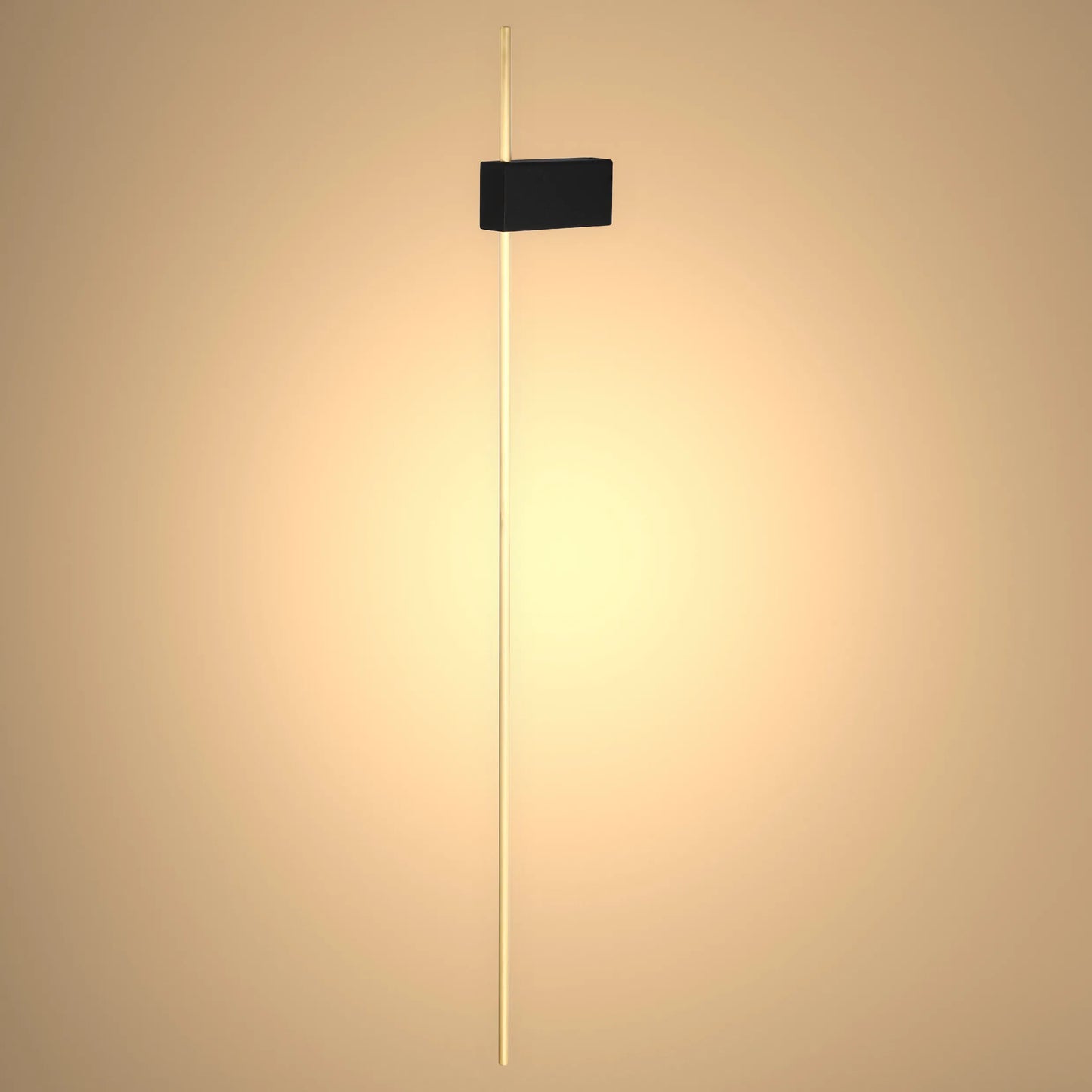 Contemporary wall light featuring a sleek golden rod and black rectangular fixture. Warm, inviting glow creates a modern ambience.