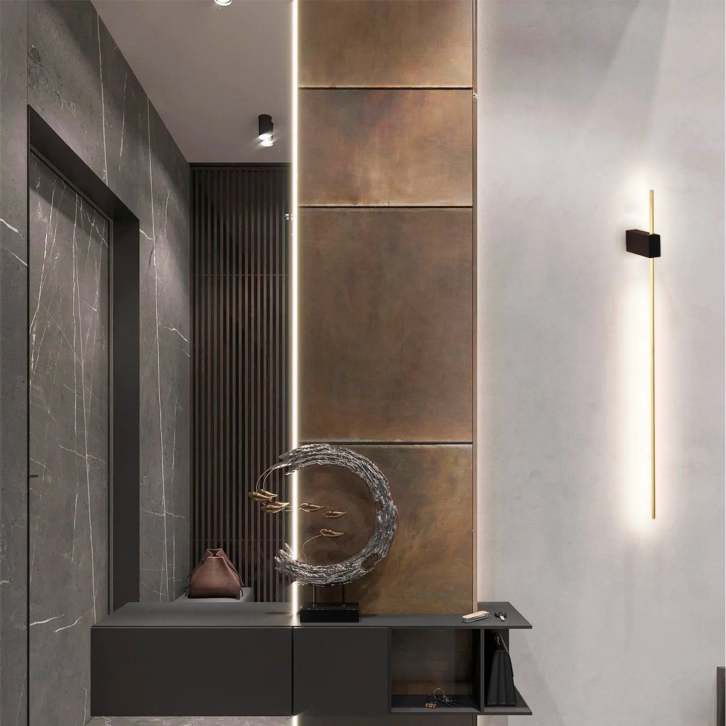 Sleek hallway lighting: linear wall light and integrated strip light, showcasing modern interior design and ambient glow.
