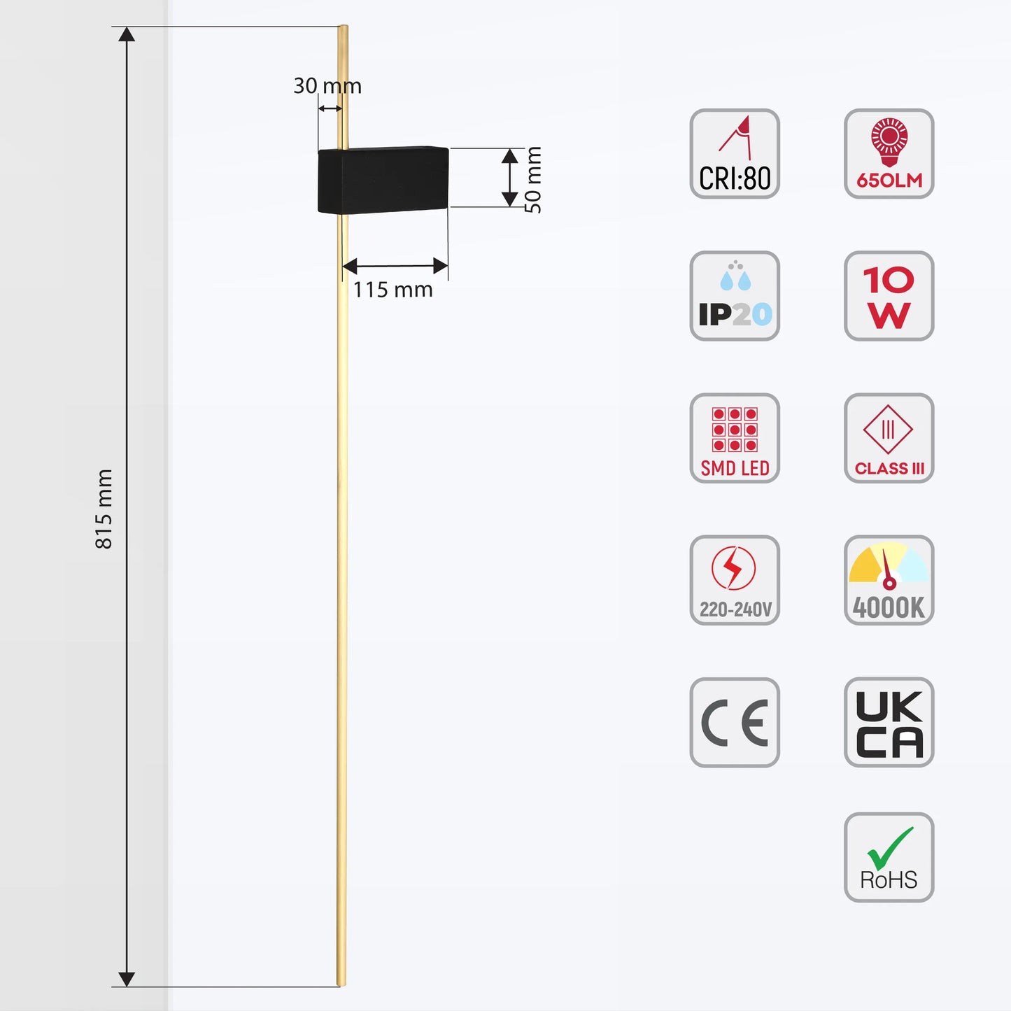 Technical diagram of a slim wall light, with dimensions and technical specifications like 650LM, 4000K and ROHS approval.