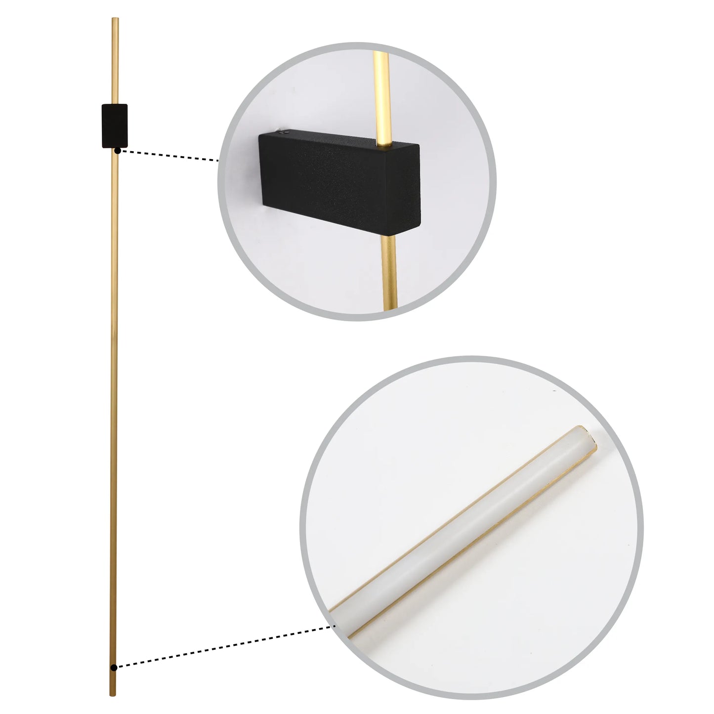 Gold stick LED wall light with rectangular base, and diffused light at the bottom. Modern and minimalist design.