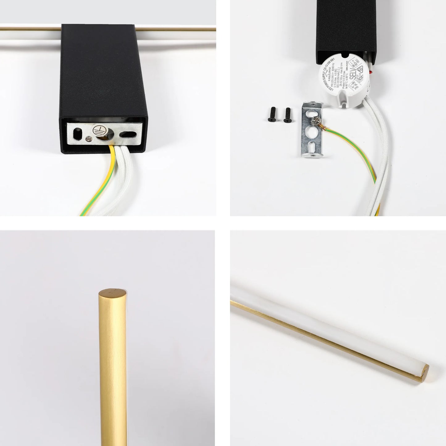 A modern, matte black and gold LED light fitting, showcasing its sleek design and energy-efficient power supply.