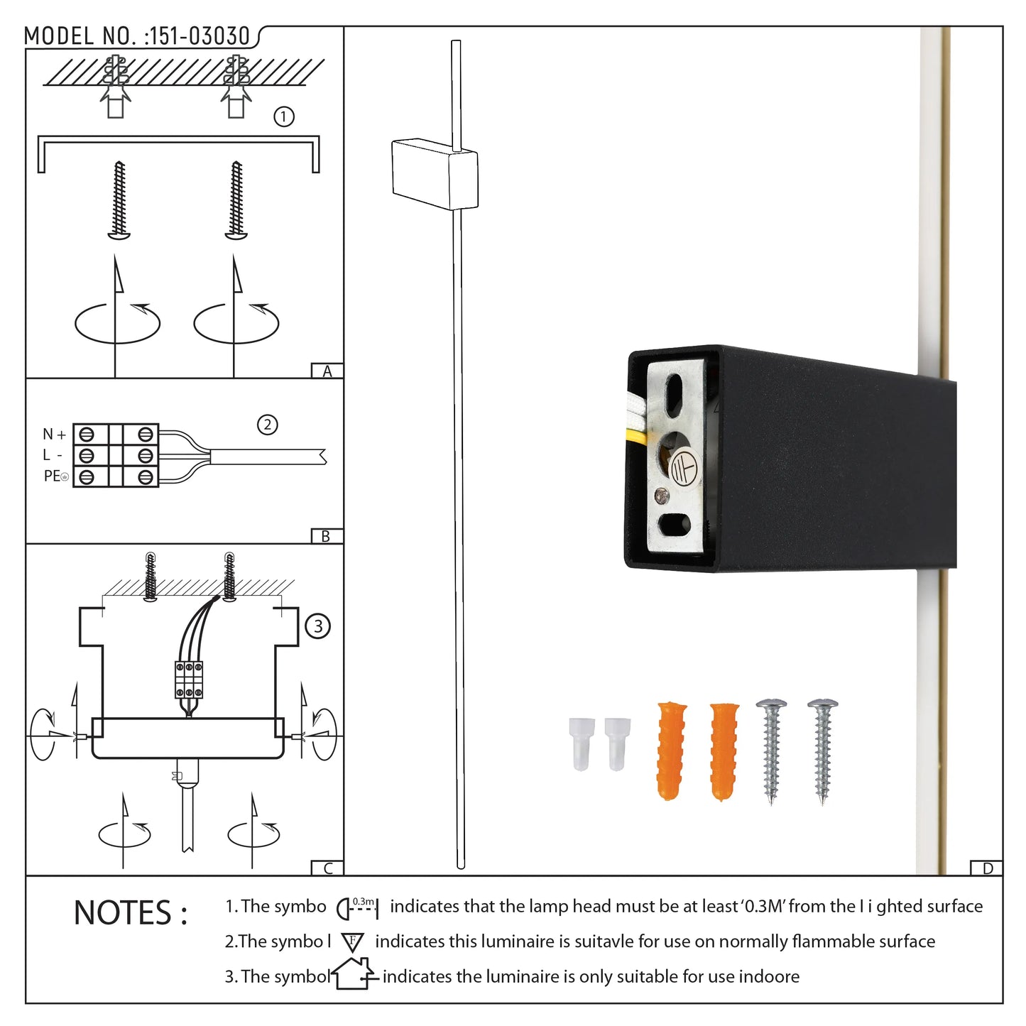 A schematic showing the installation of a wall mounted light fixture, with fixings and wiring diagrams included.
