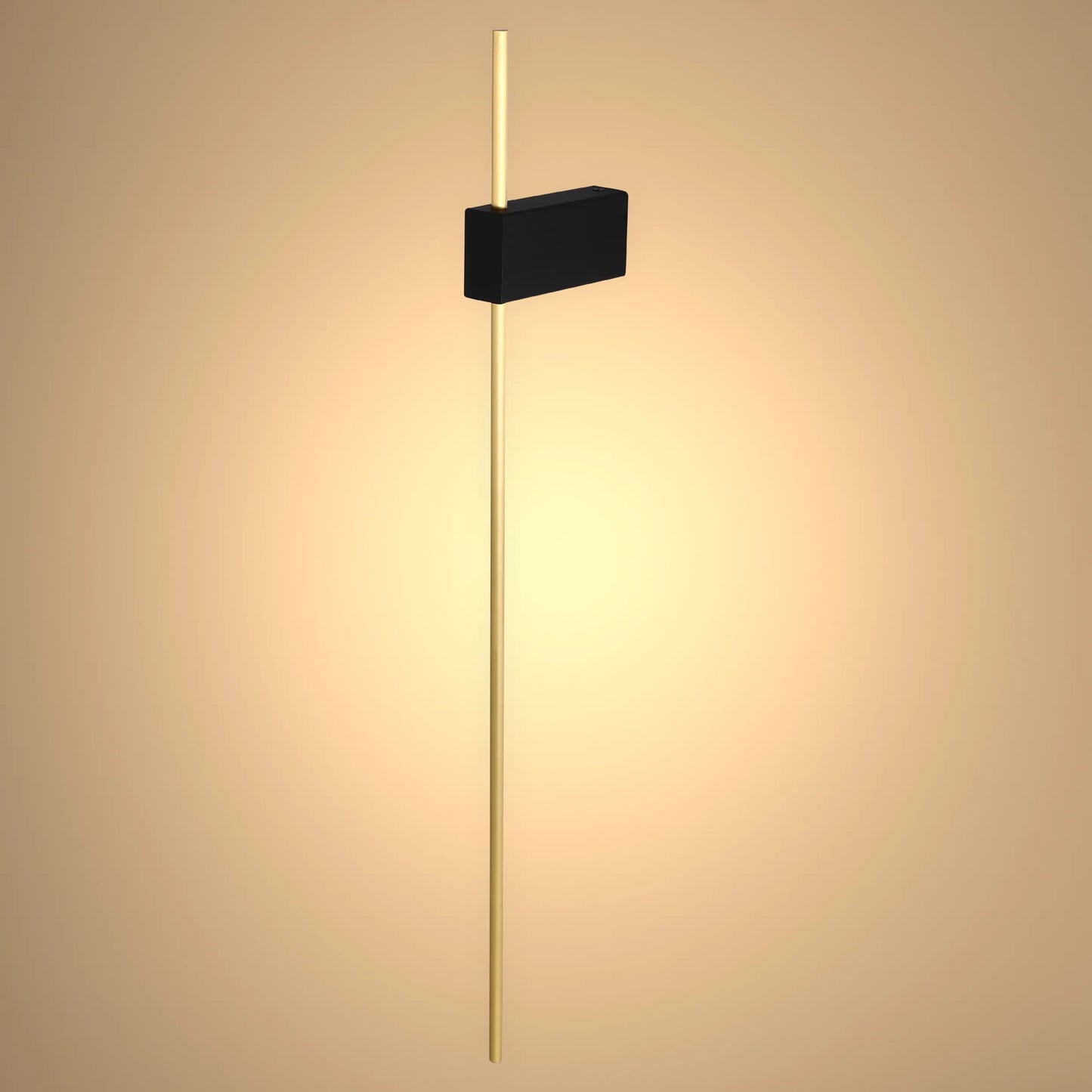 Contemporary wall light featuring a vertical gold stem with a sleek, rectangular black fixture. Subtle, stylish lighting solution.