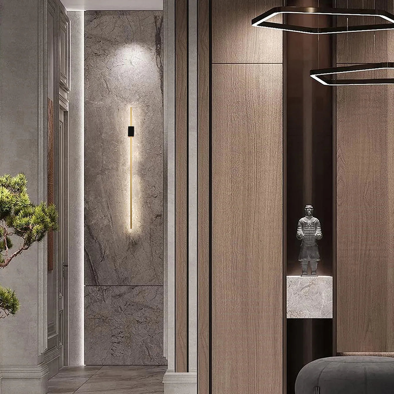 The image shows modern lighting, with sleek, linear wall lights and striking hexagonal pendant fixtures. A contemporary and stylish ambiance is created.
