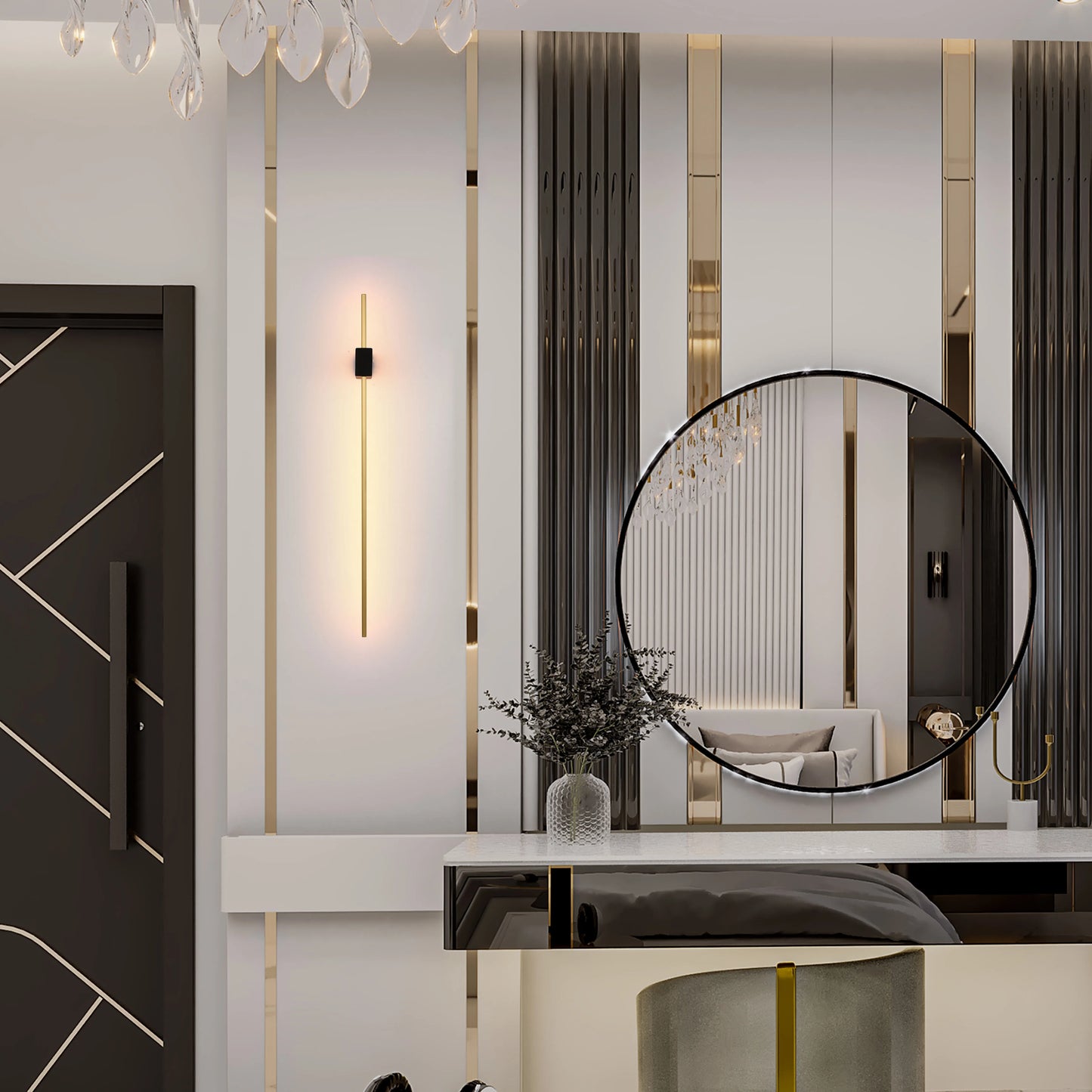 Elegant interior lighting: a modern chandelier, sleek wall sconce, and reflective mirror, adding a touch of luxury and brightness to the space.