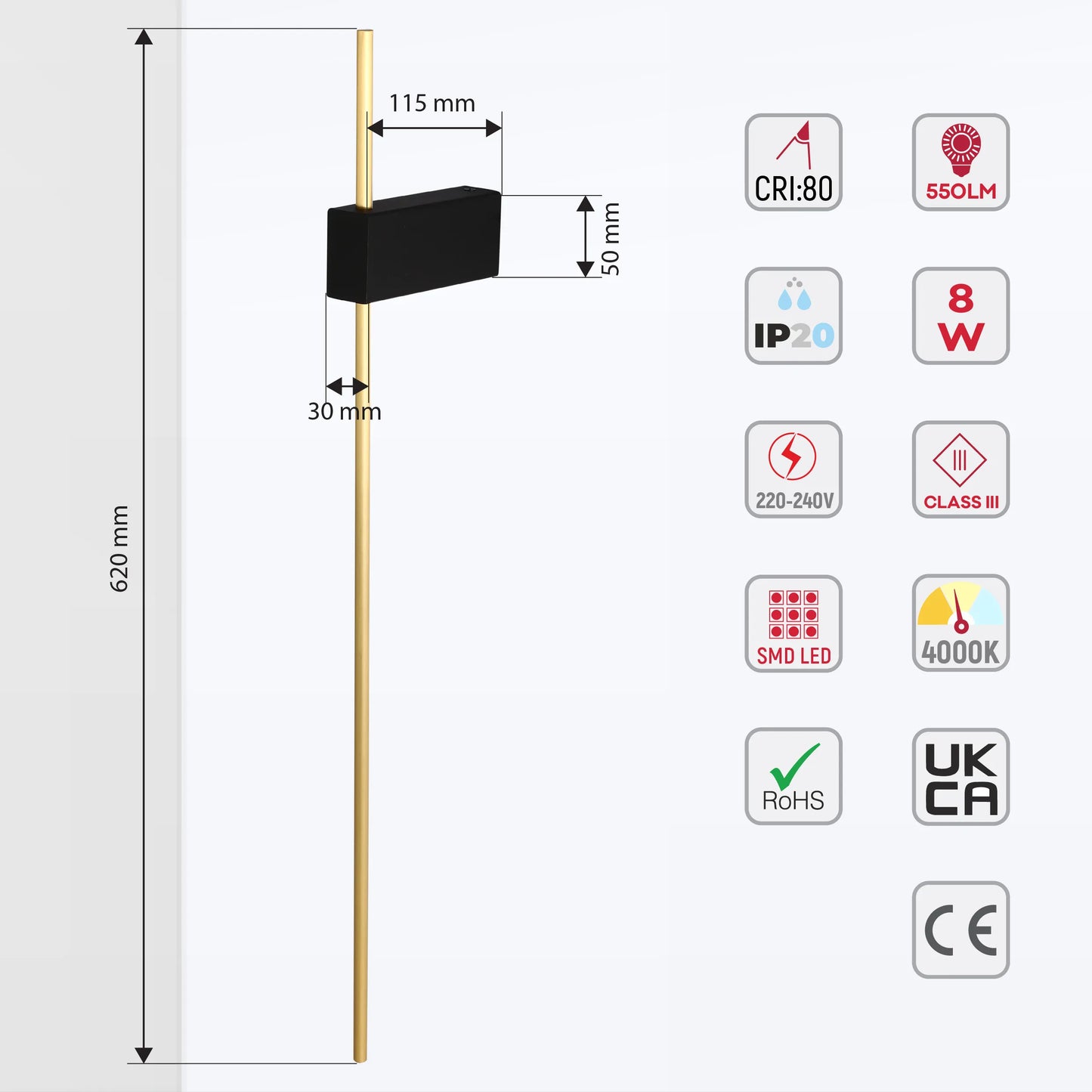 Contemporary wall light displaying dimensions & features: 550LM, 8W, 4000K, SMD LED, IP20, CRI:80. Dimensions shown in mm.