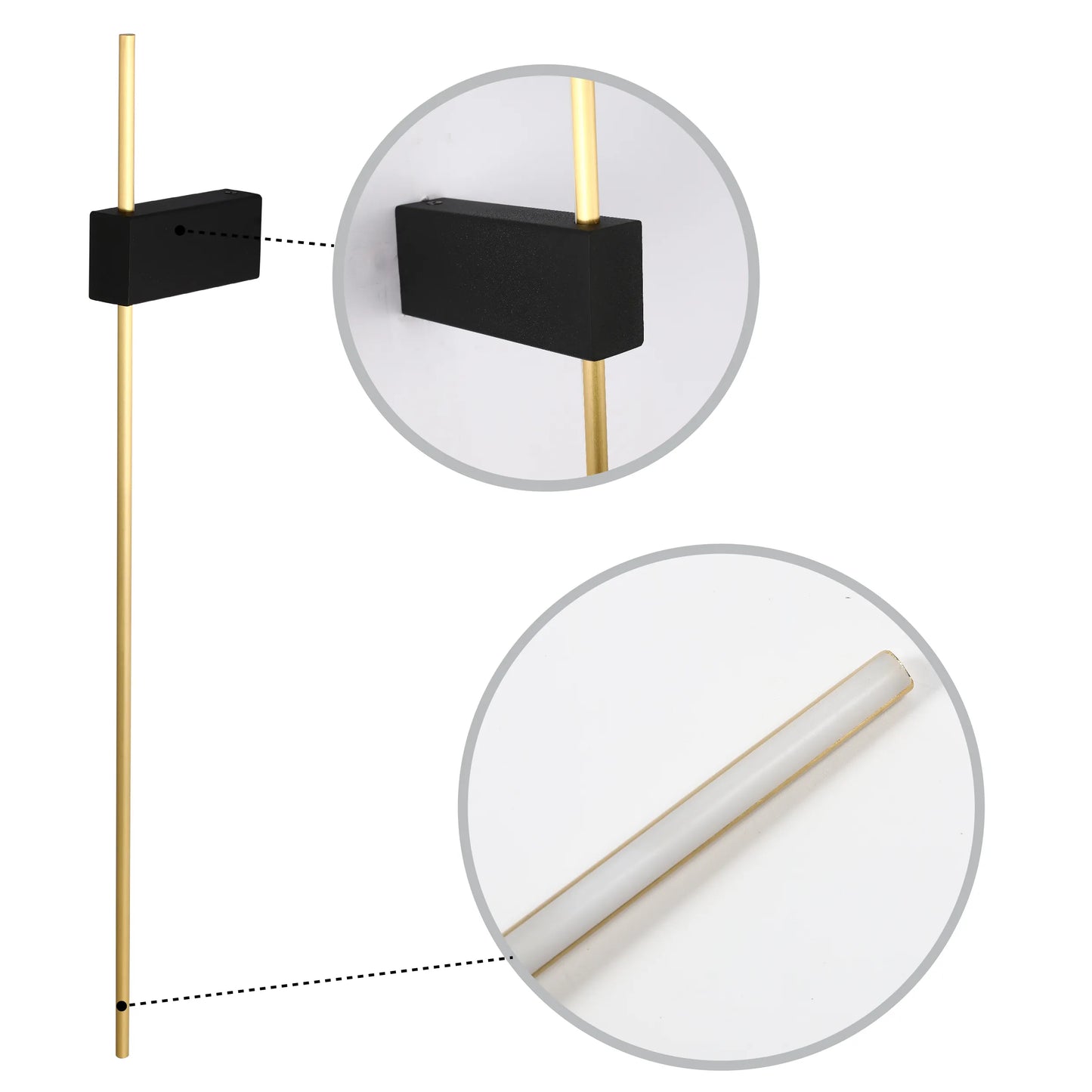 Modern wall light fixture with a gold pole and a black rectangular wall mount. Emitting a soft, ambient glow.