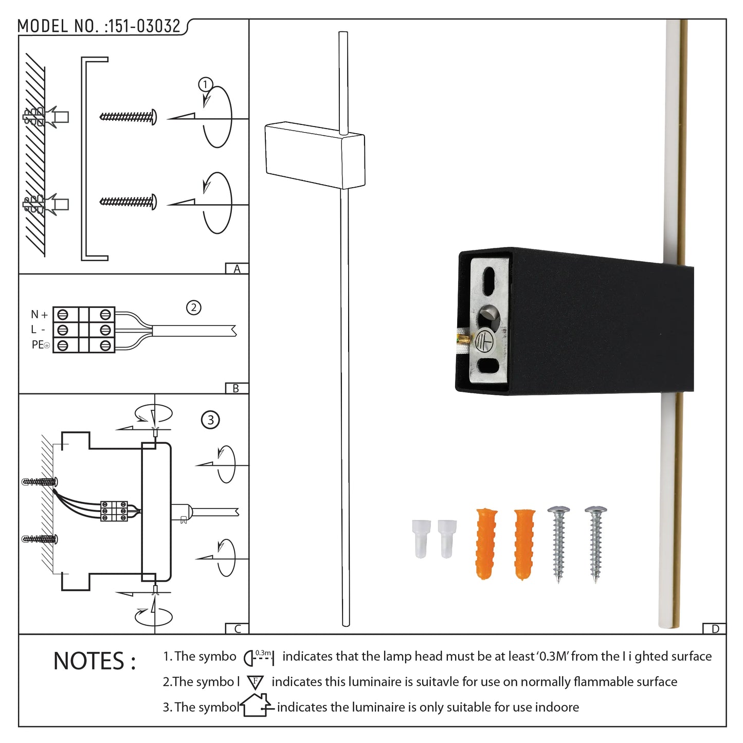Assembly instructions for the model no. 151-03032 light fixture, including diagrams and notes for safe installation and usage.