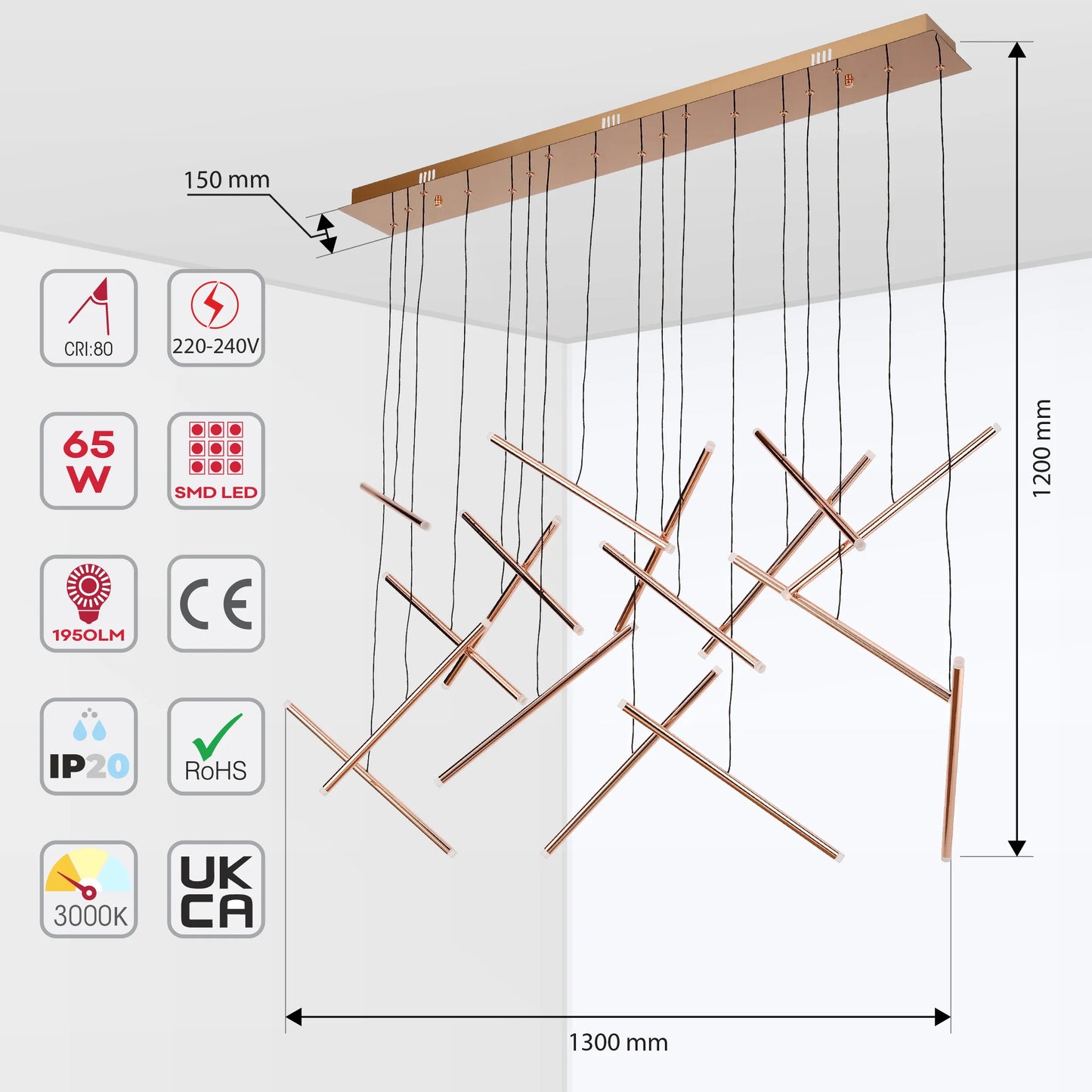 Stylish modern ceiling light in copper finish. Features 1950LM, 65W SMD LEDs, 3000K colour temperature and UKCA/RoHS compliance.