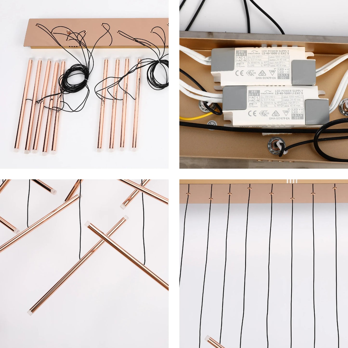 A contemporary LED chandelier with copper tubes suspended from a rectangular ceiling plate by black cords.