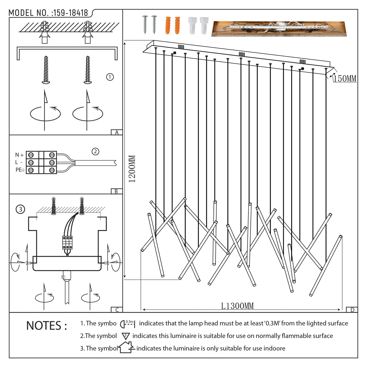 Modern pendant light fixture with geometric rod design, suspended from a long, rectangular canopy. Technical diagram with dimensions.