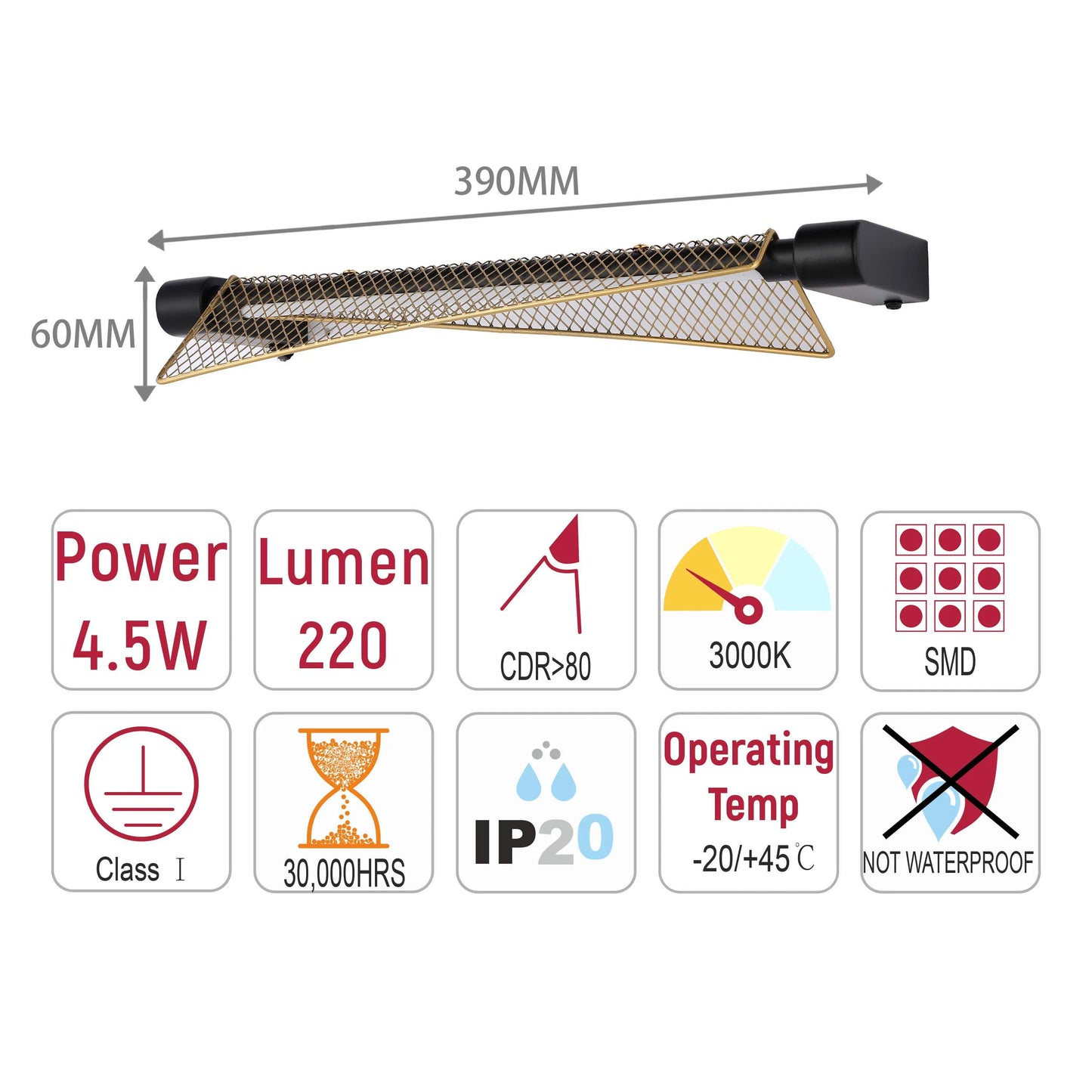 Slim, black and gold modern lamp technical specifications, including dimensions and power usage.