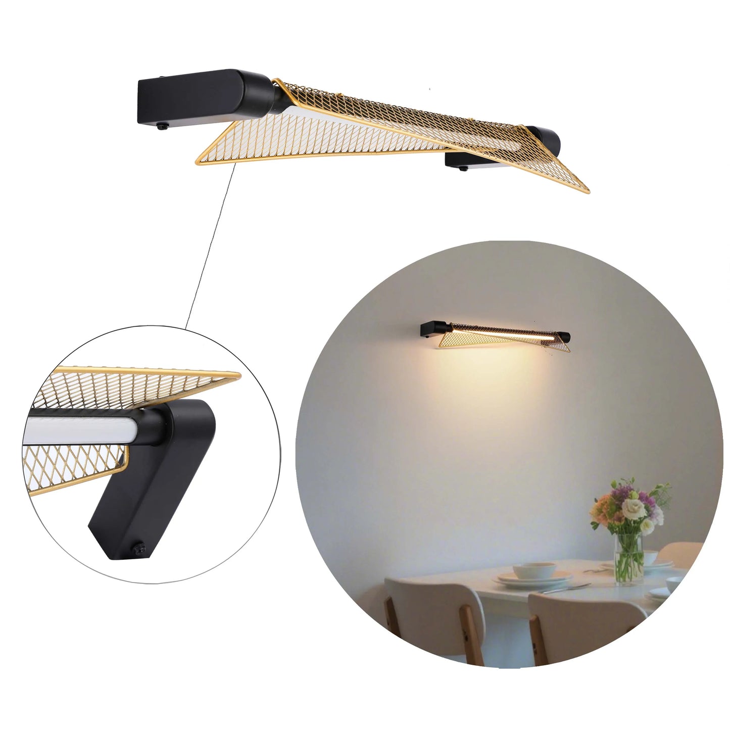 A modern, geometric wall light with a black base and gold, mesh shade. The light emits a warm glow onto the wall.