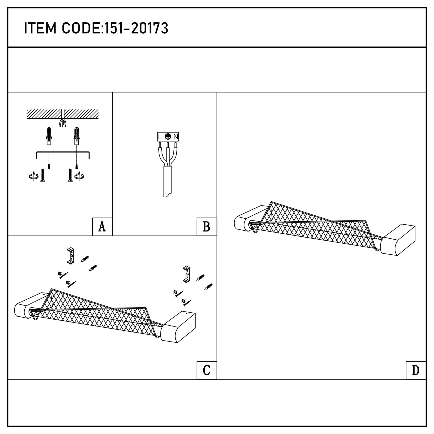 Diagram of a light fitting showing wiring, mounting bracket and fixing instructions.
