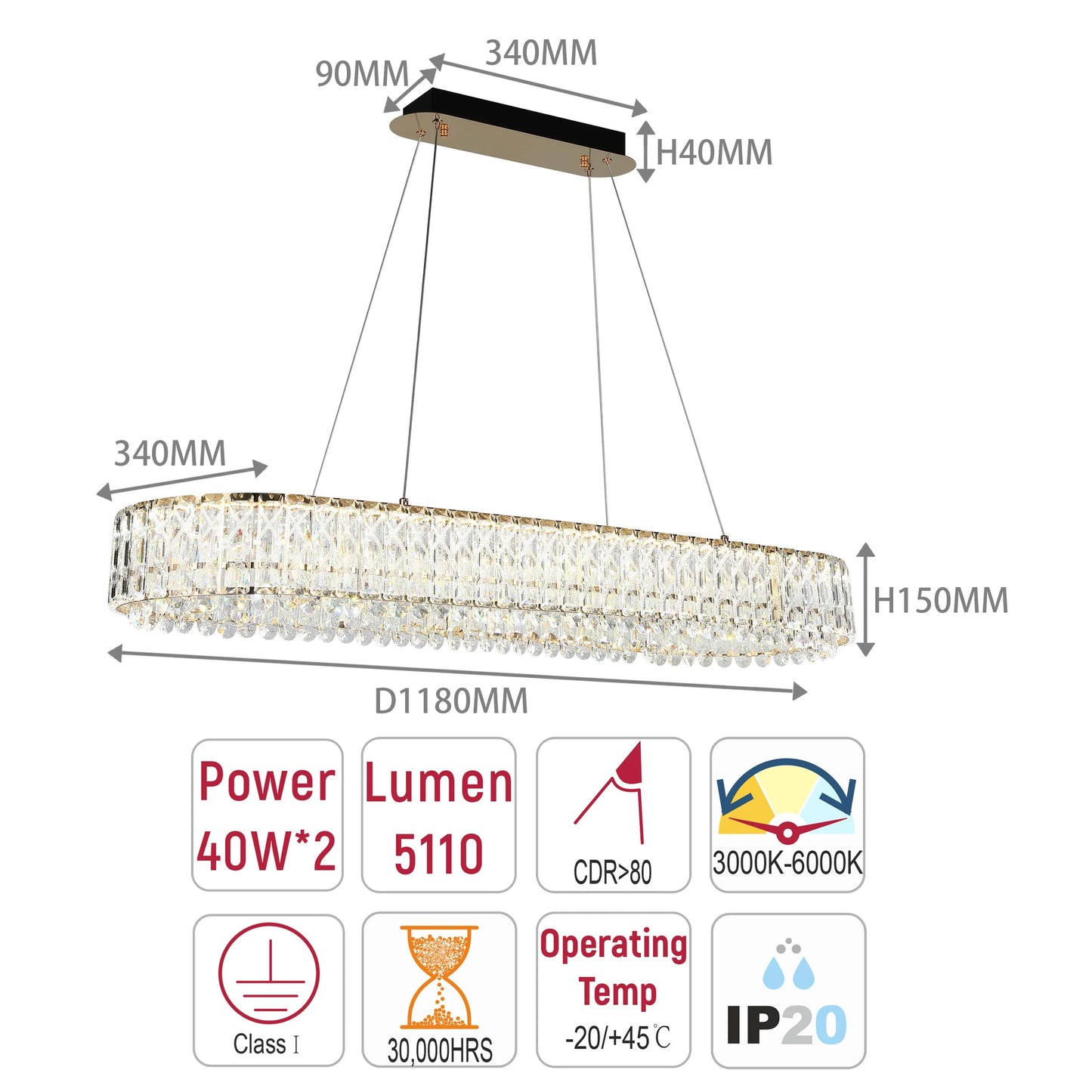 A statement crystal chandelier with dimensions labelled, including a 1180mm diameter and adjustable colour temperature.