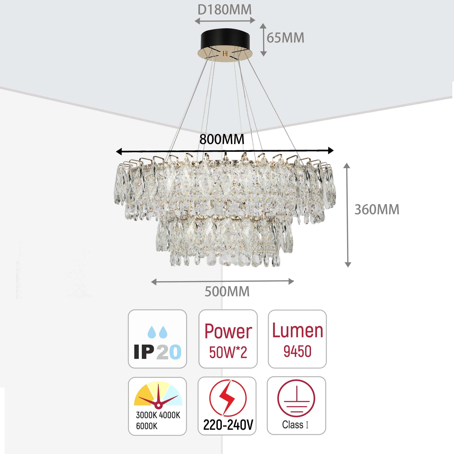 A dazzling crystal chandelier with technical specifications, perfect for adding elegance and ample light to any space.