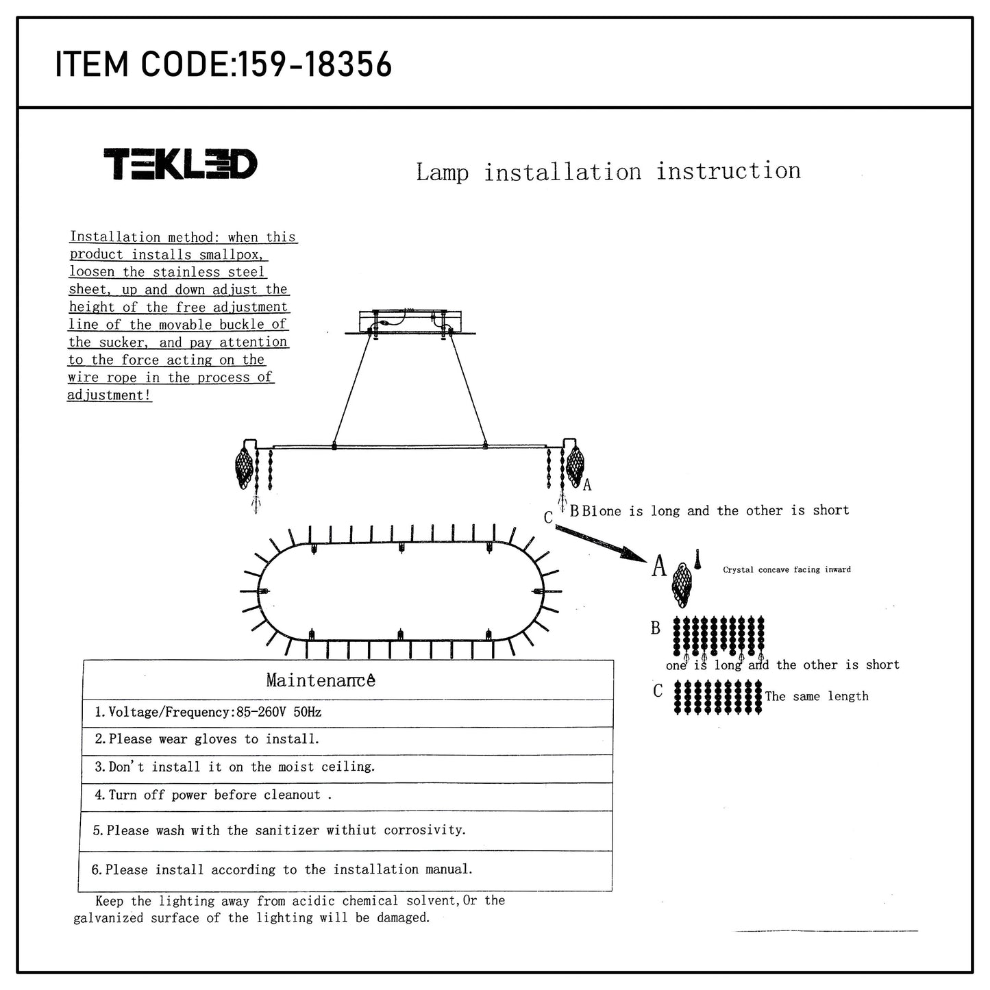 Lamp installation instructions for a TEKLED light, showing diagrams and guidance on installation, maintenance, and safety.