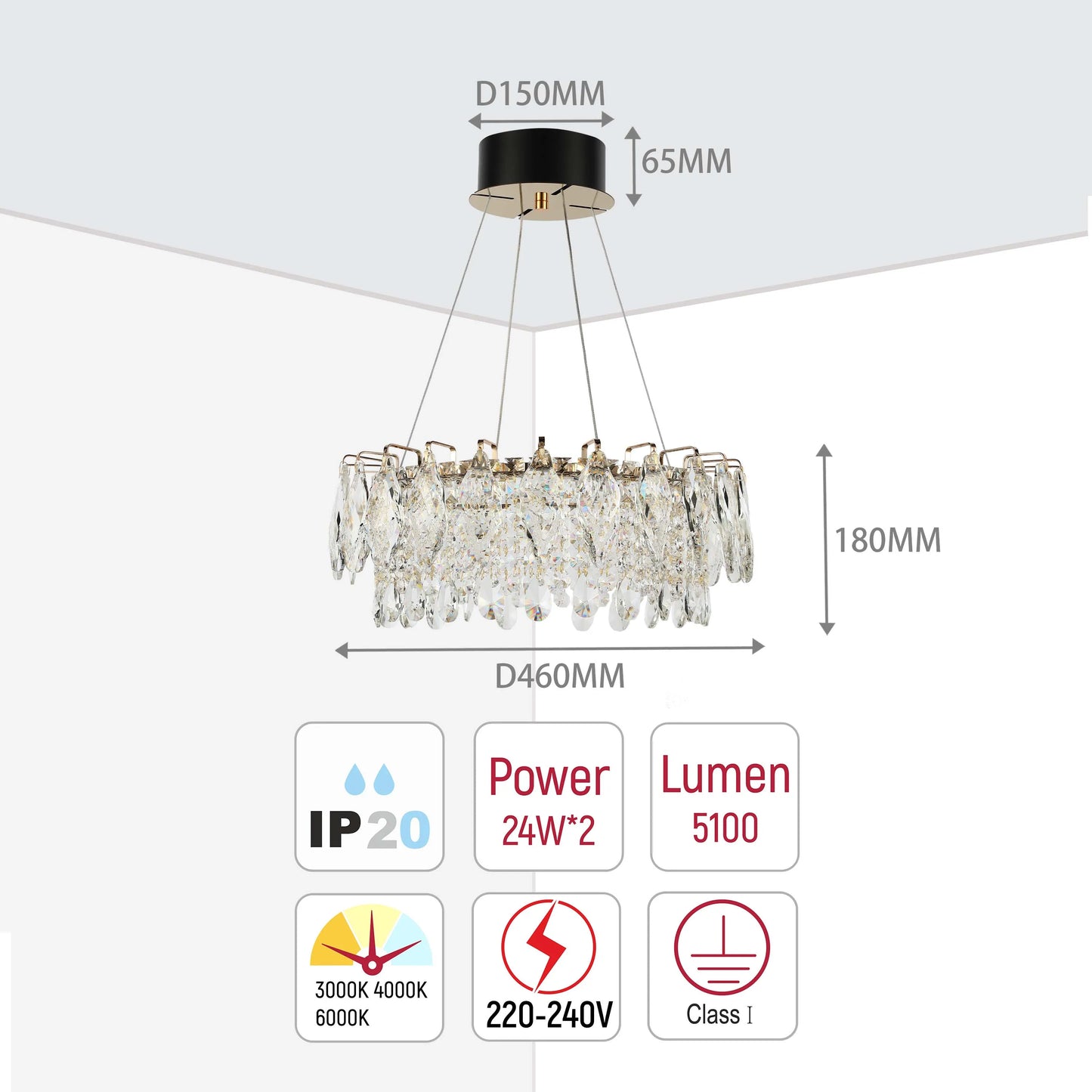 A statement chandelier with crystal details. Dimensions: D460mm x H180mm. Requires 24W*2 power, outputs 5100 Lumens, and is IP20 rated.