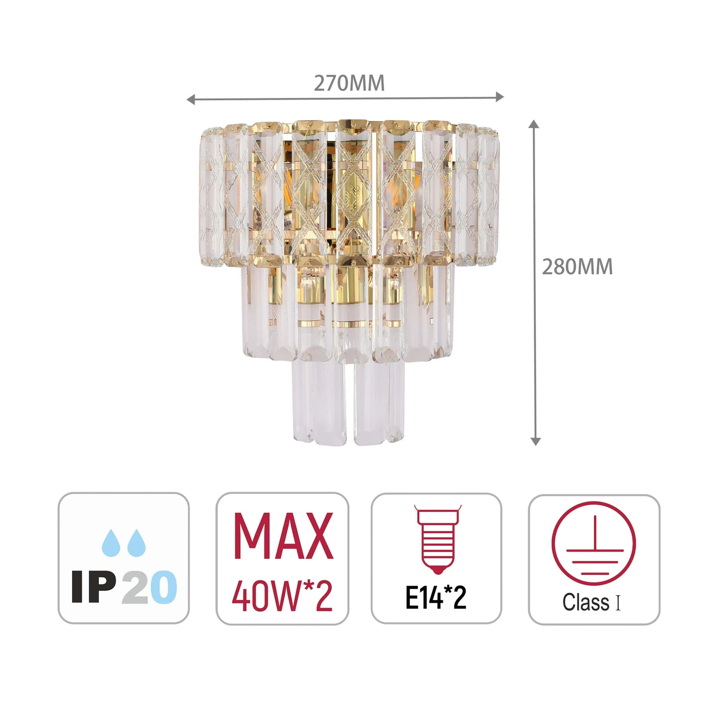 A 2-light crystal wall light with 270mm width and 280mm height. Max 40W, E14 bulb and Class I rated.