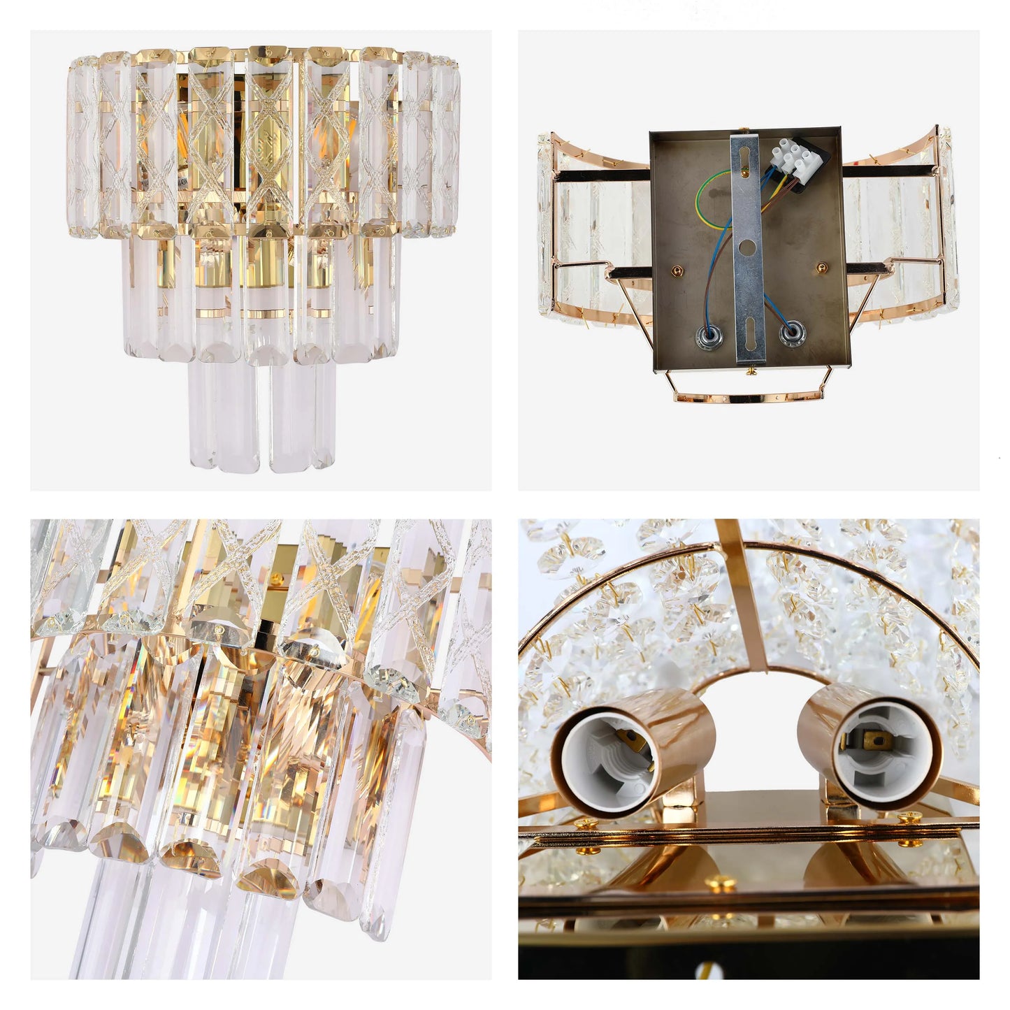 A gold wall light with layered crystal detailing. A luxurious accent light for your living space or bedroom.