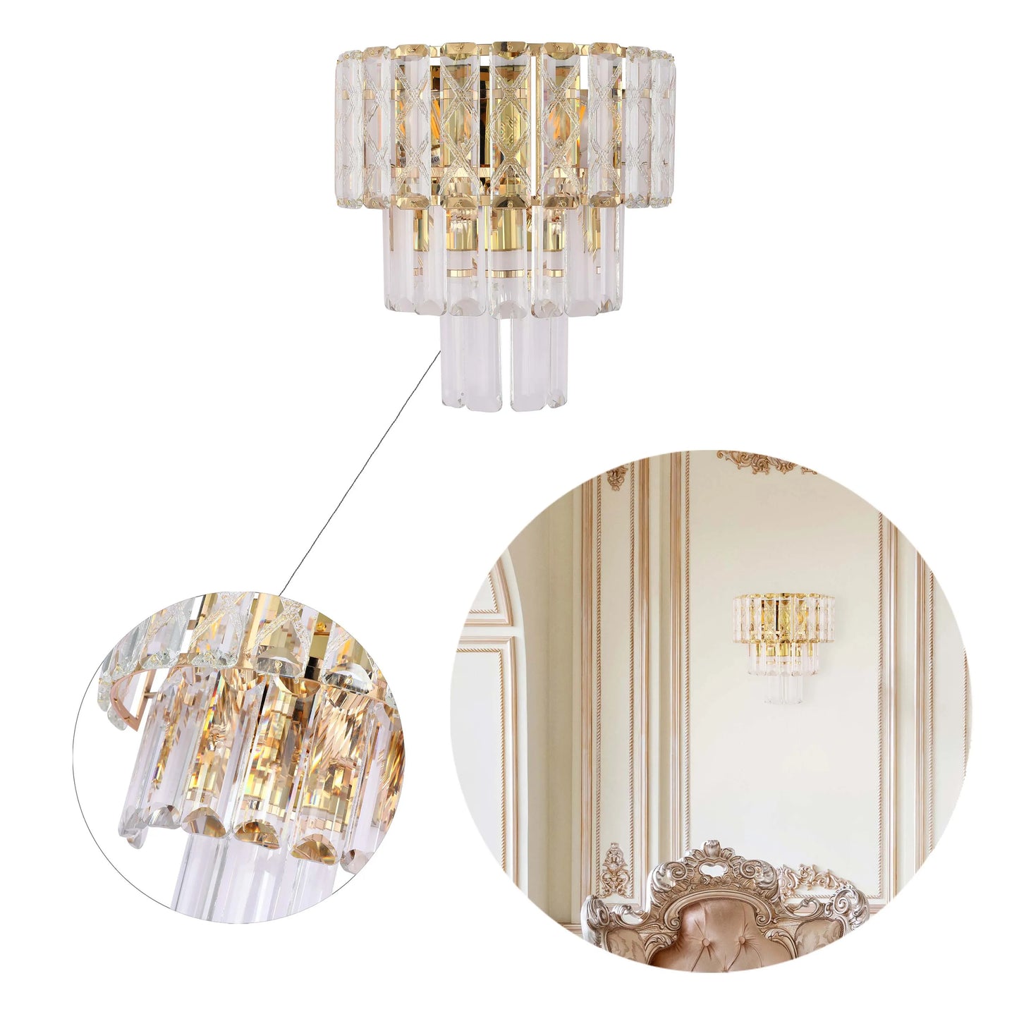 A gold and crystal, multi-tiered wall light in an opulent setting, with a chandelier variant also shown.
