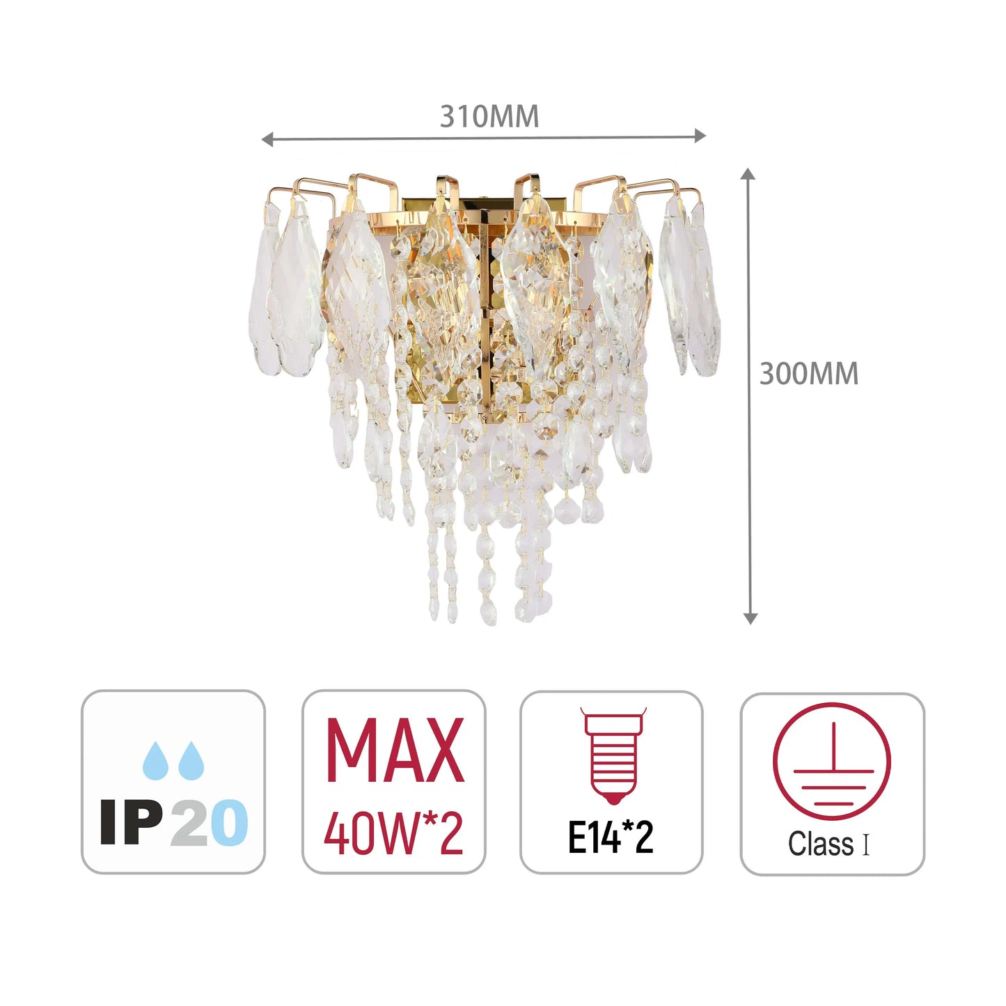 Gold wall light with crystal droplets. Dimensions are 310mm wide and 300mm high.
